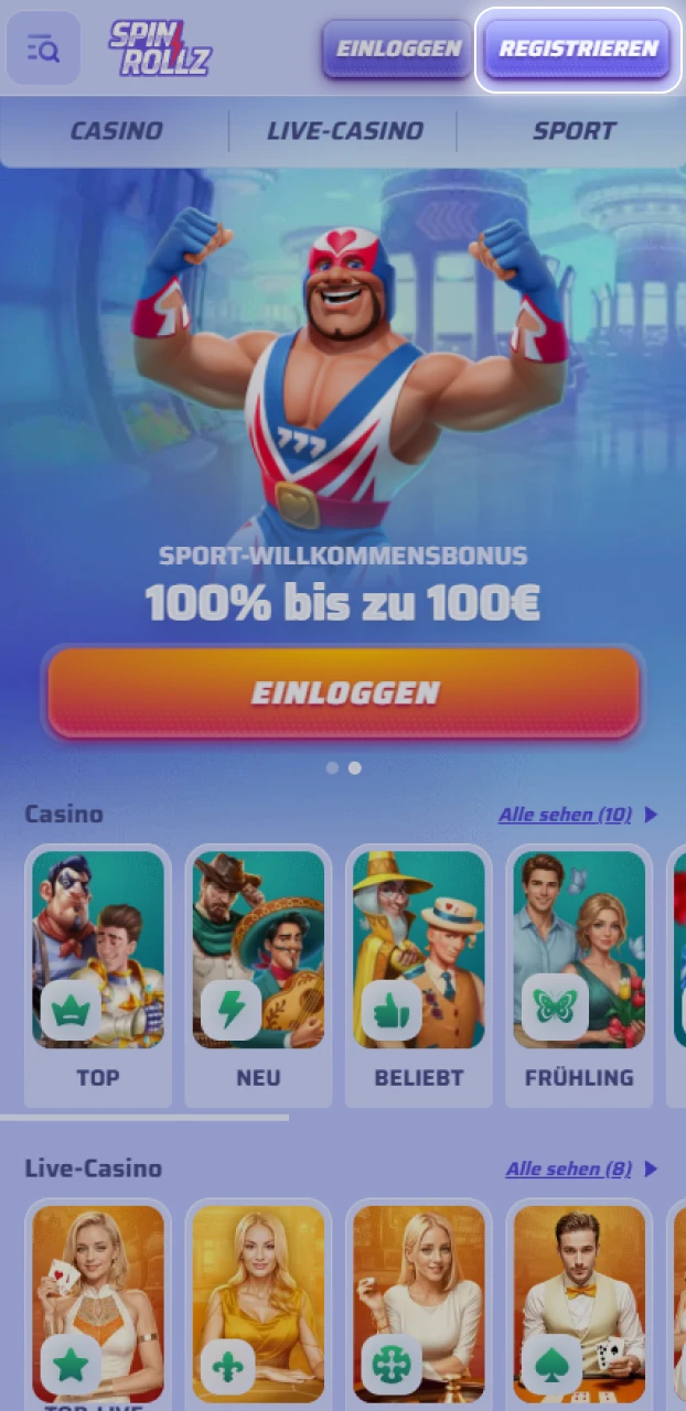 Erstelle ein Benutzerkonto bei Spinrollz, um im Casino zu spielen.