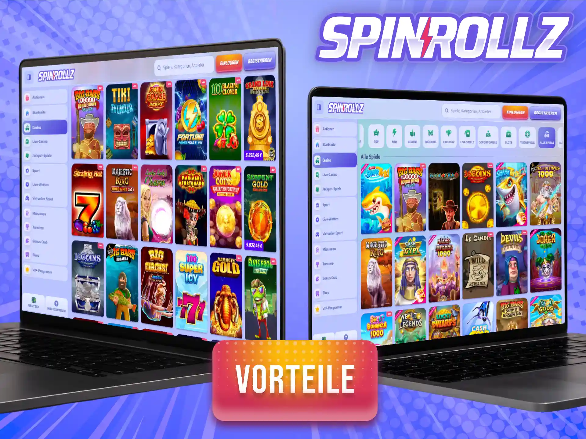 Profitiere von allen Vorteilen und exklusiven Features der Spinrollz-Plattform im Casino-Segment.