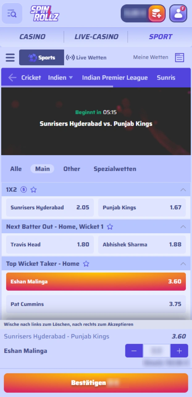 Lege deinen Wetteinsatz fest und gib deine Cricket-Wette direkt bei Spinrollz ab.