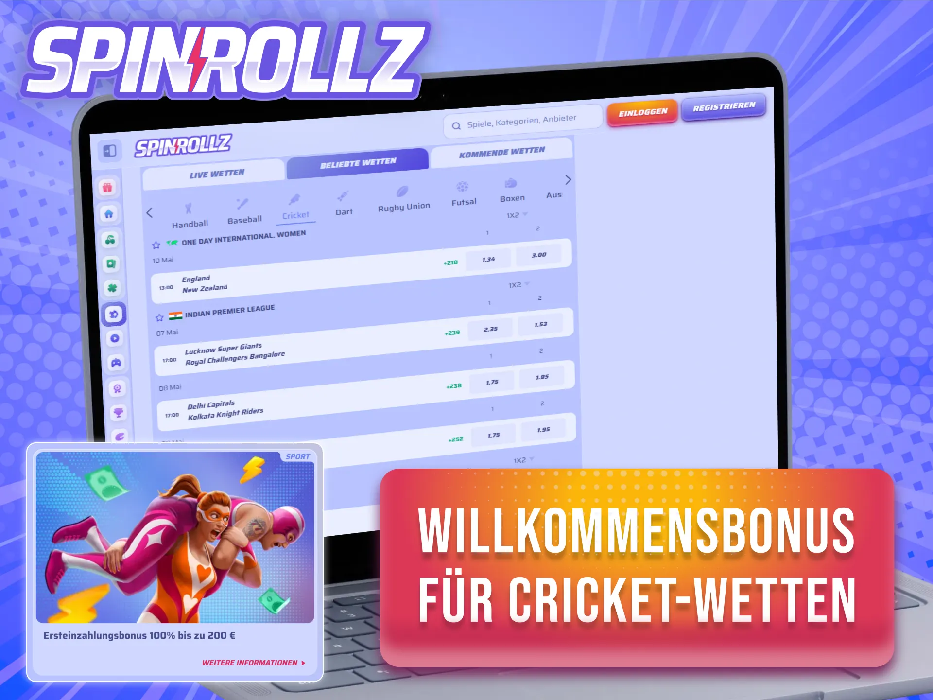 Hol dir einen attraktiven Willkommensbonus für deine ersten Cricket Wetten bei Spinrollz.