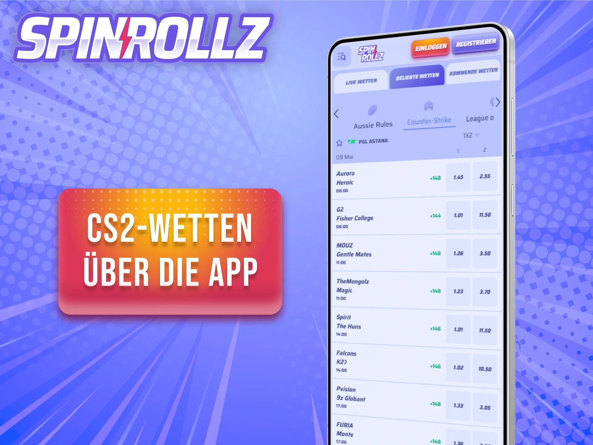 Platziere deine mobilen CS2 Wetten ganz bequem über die Spinrollz App.