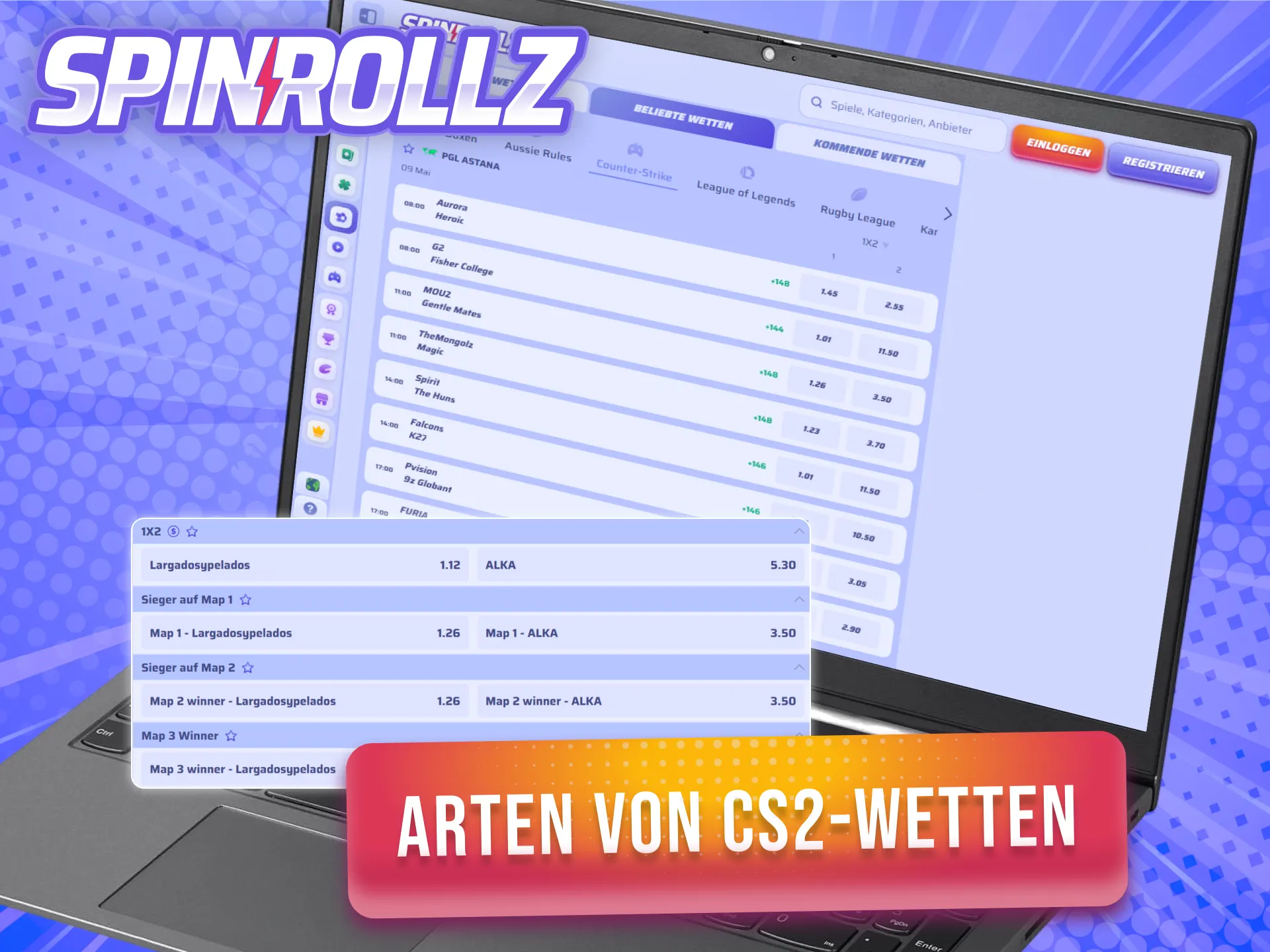 Entdecke vielfältige Arten von CS2-Wetten bei Spinrollz.