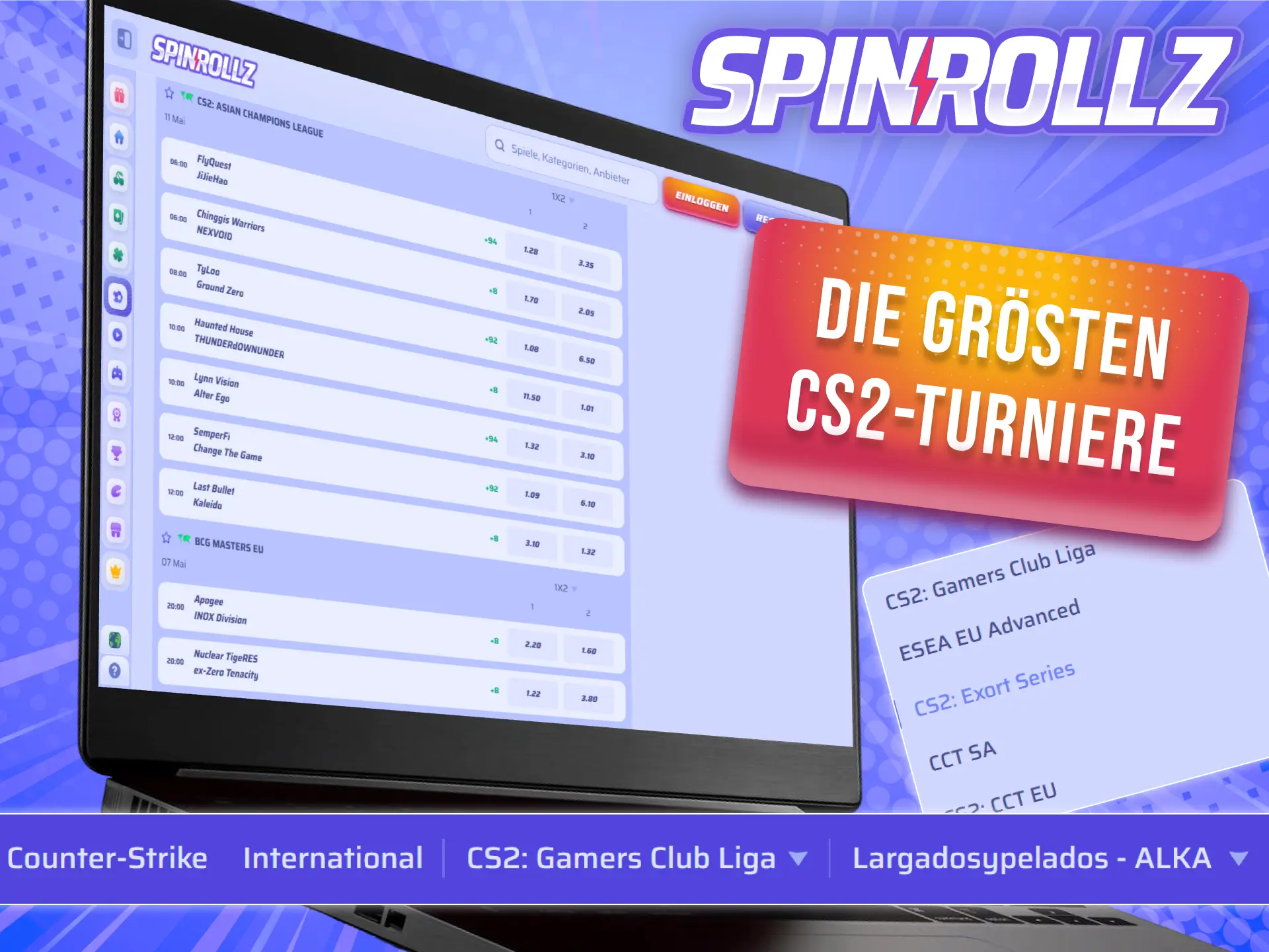 Wette bei Spinrollz auf Major-Turniere und weitere prestigeträchtige CS2 Wettbewerbe.