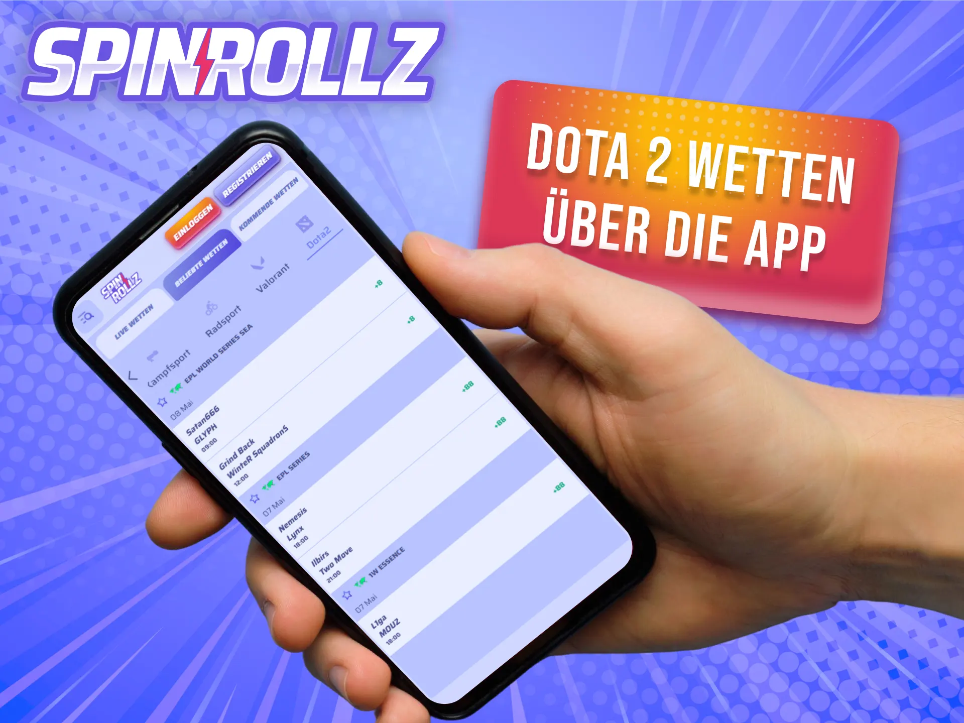 Nutze die Spinrollz-App für deine mobilen Dota-2-Wetten auf dem Smartphone.