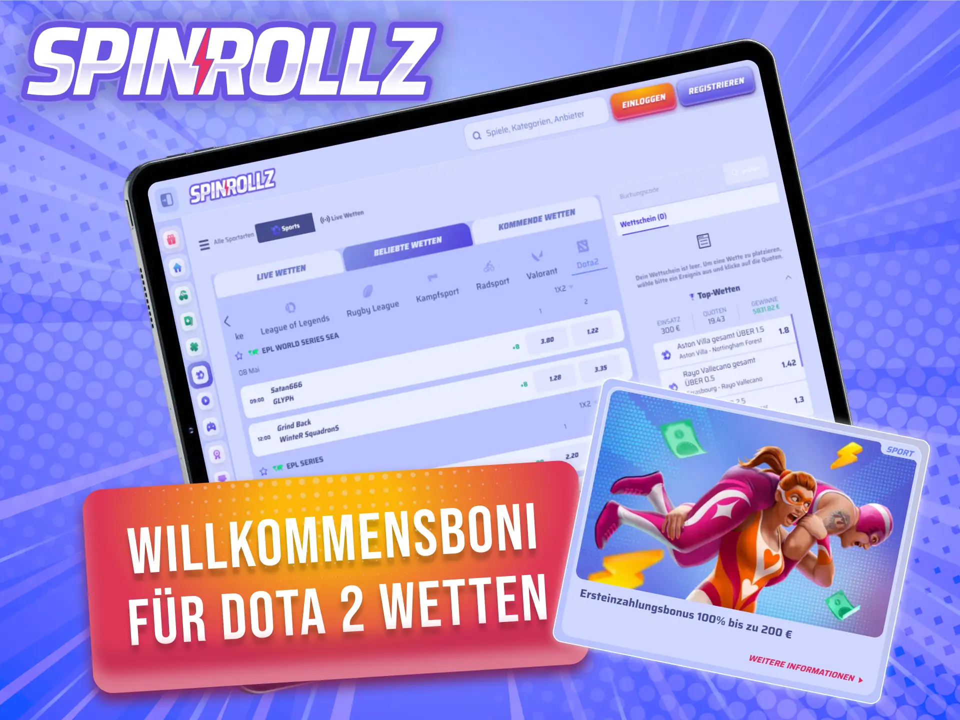 Sichere dir den Willkommensbonus bei Spinrollz für zusätzliche Einsätze auf Dota 2.