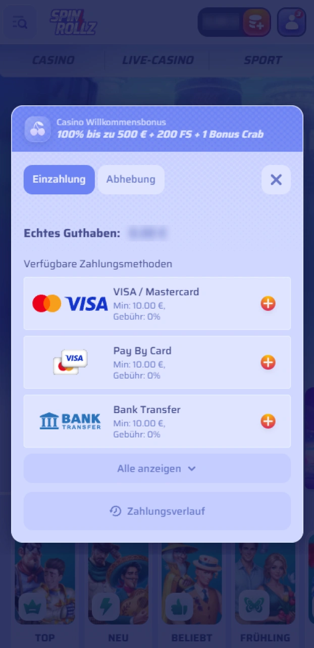 Wähle deine bevorzugte Methode für eine schnelle Einzahlung bei Spinrollz.