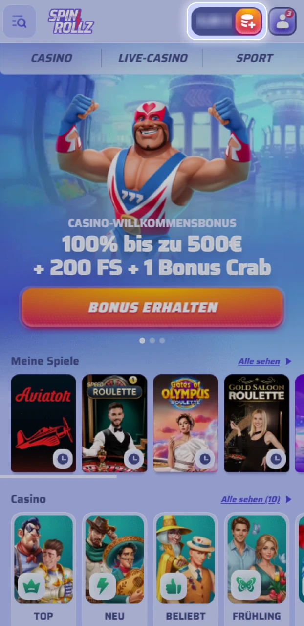 Öffne den Kassenbereich und bereite deine Einzahlung bei Spinrollz vor.