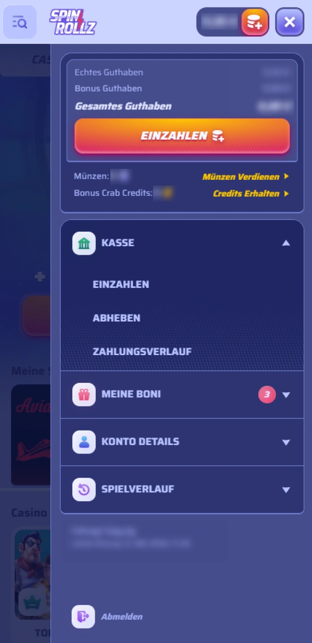 Kontrolliere dein aktualisiertes Kontoguthaben nach der erfolgreichen Einzahlung bei Spinrollz.
