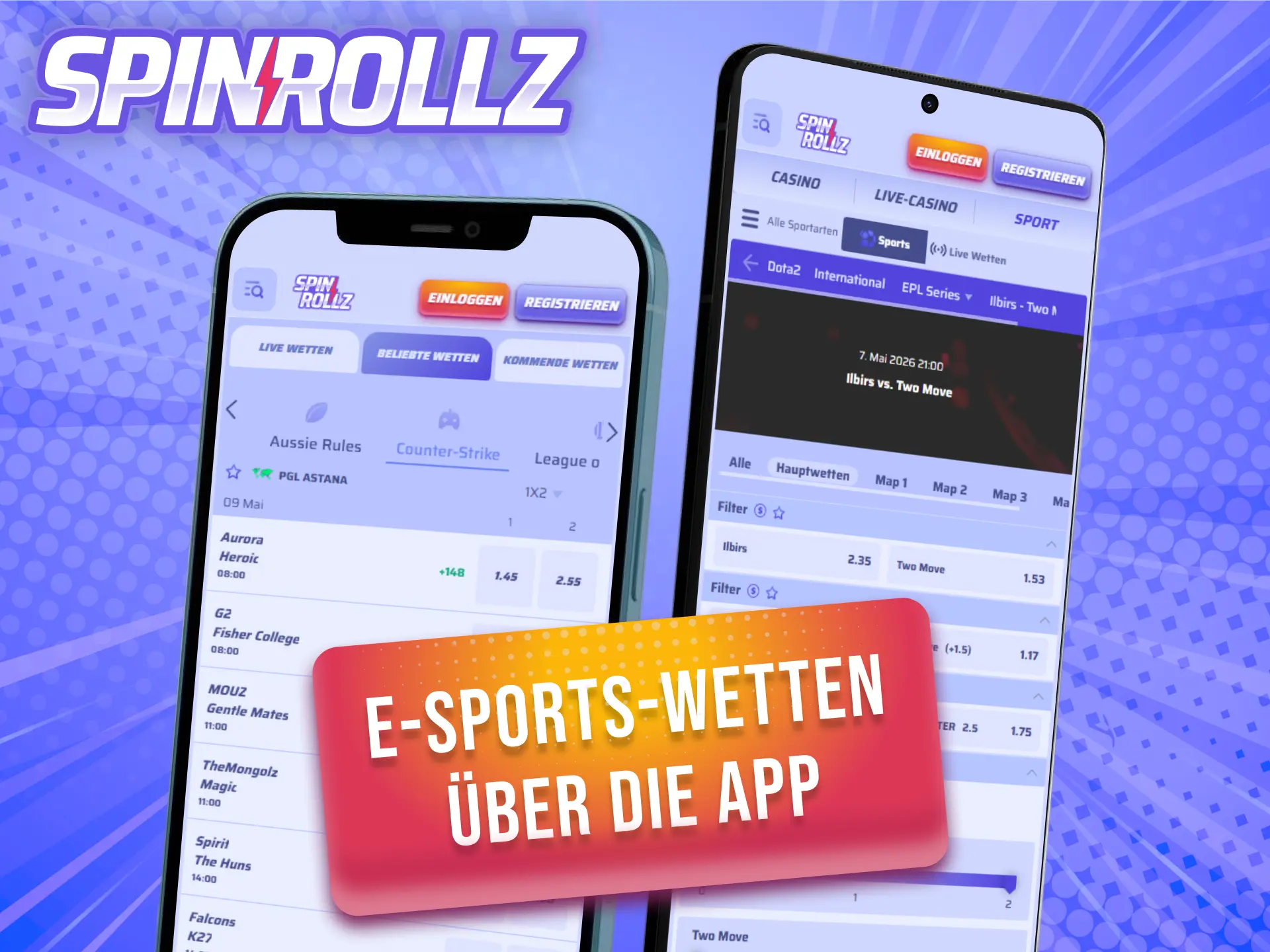 Verfolge alle E-Sports-Wetten live über die mobile Spinrollz App für unterwegs.