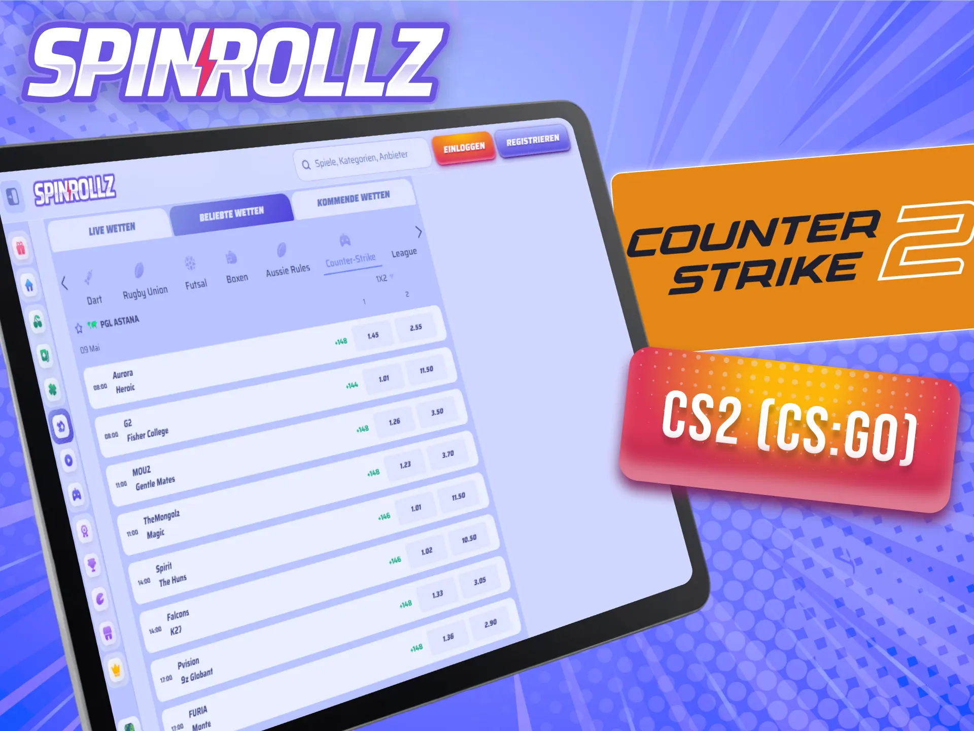 Platziere deine E-Sports-Wetten auf spannende CS2 Begegnungen direkt bei Spinrollz.
