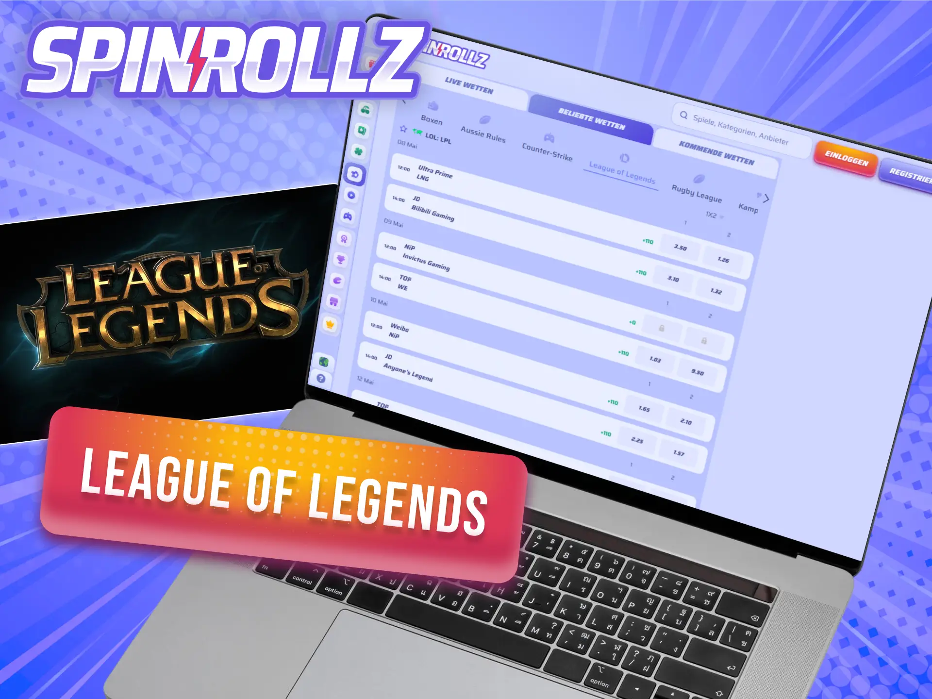 Wette auf internationale League of Legends Turniere im E-Sports-Bereich von Spinrollz.