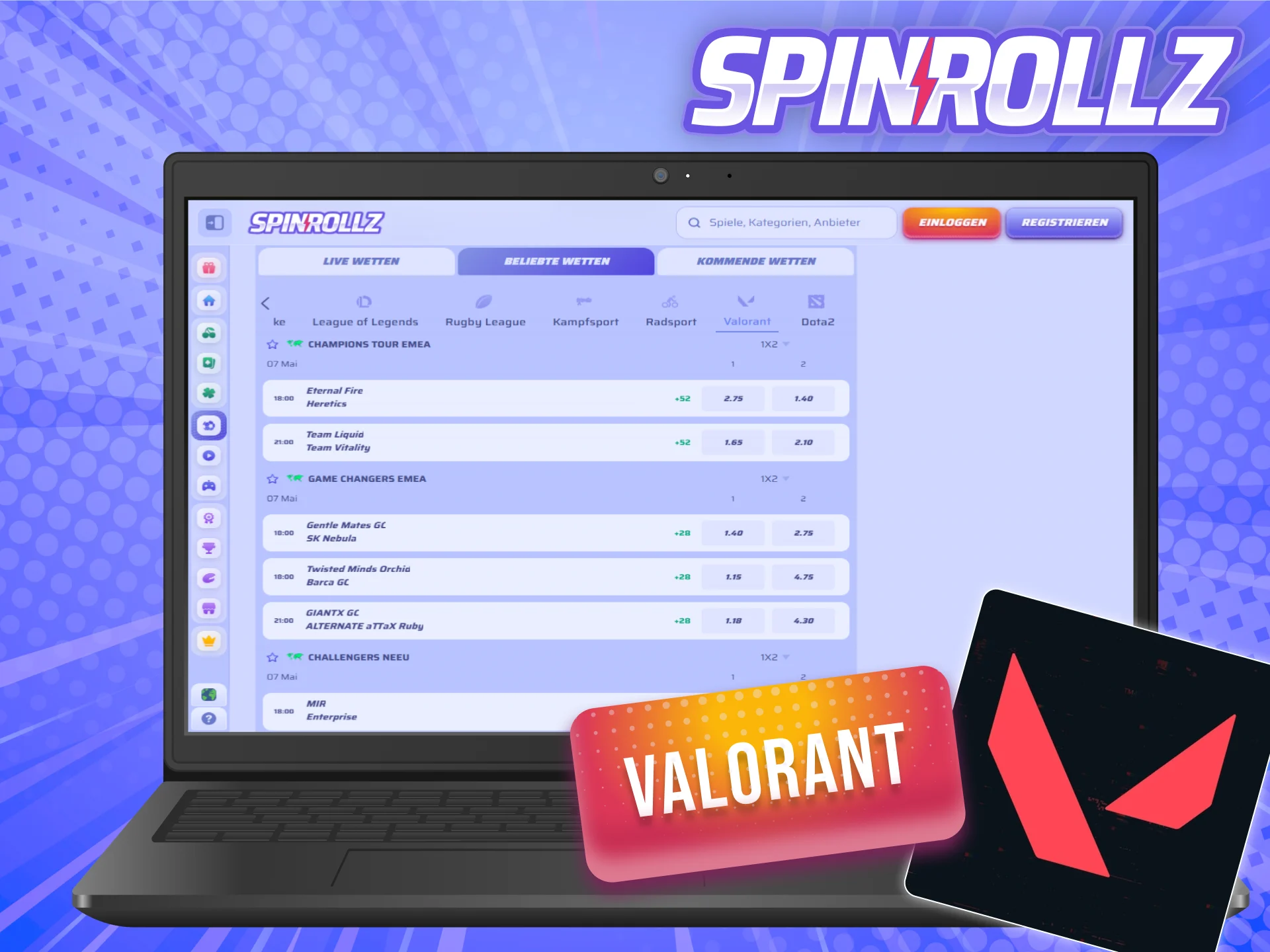 Entdecke E-Sports-Wettmärkte für Valorant auf der Spinrollz Plattform.