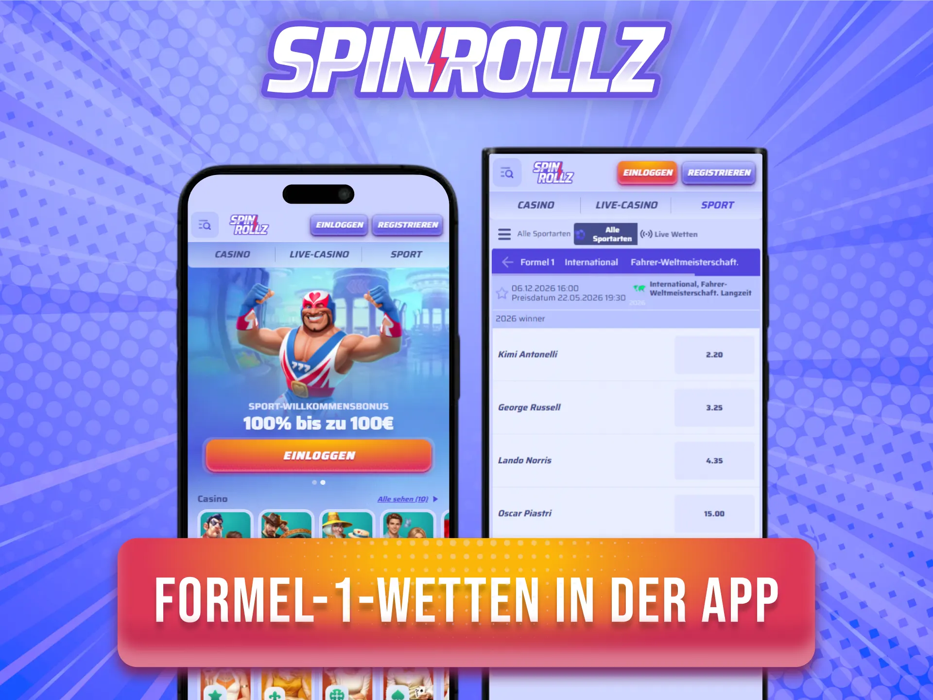 Nutze die Spinrollz App auf Android oder iOS für deine mobilen Formel-1-Wetten.