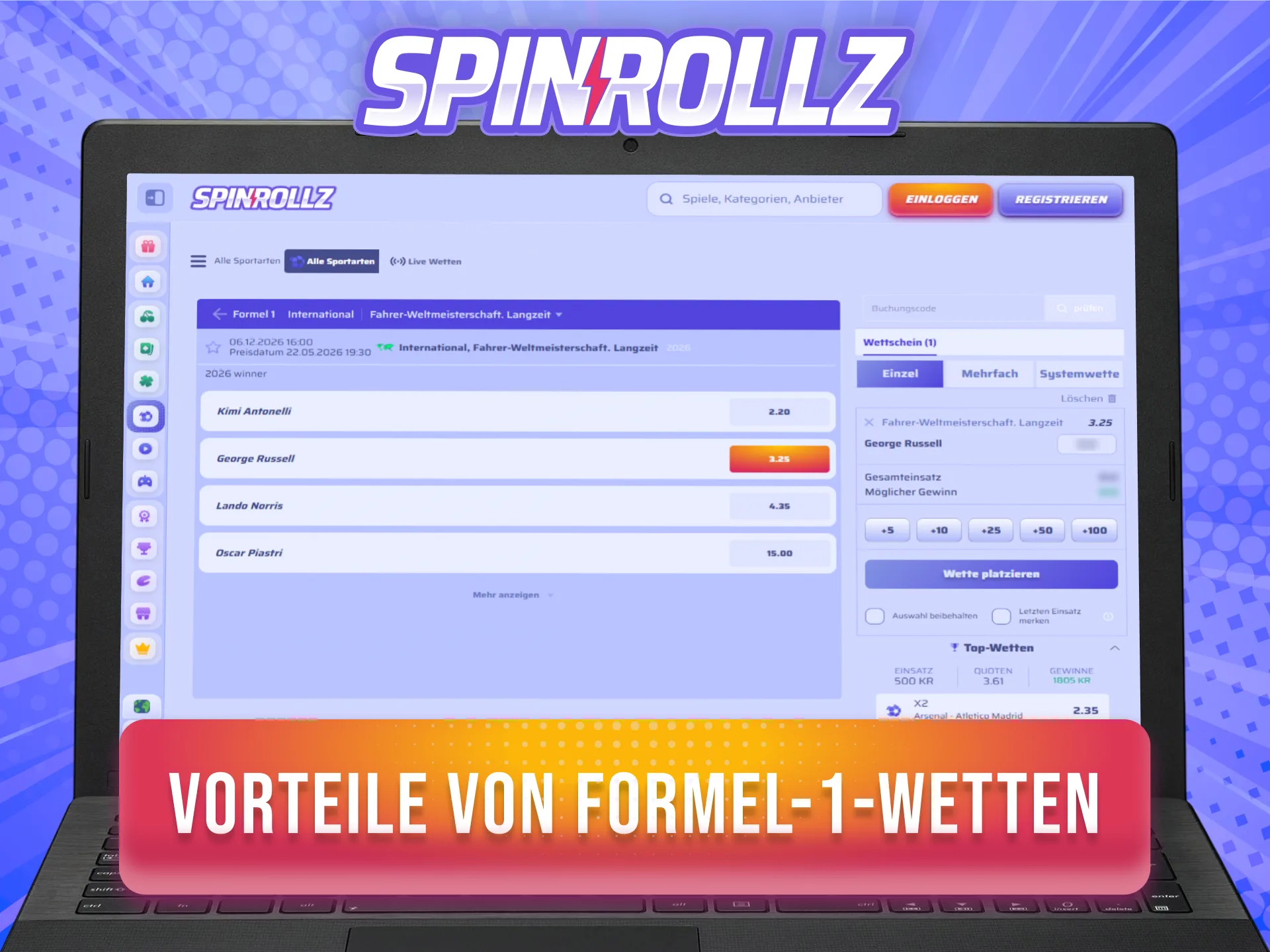 Entdecke bei Spinrollz viele Vorteile und Top-Quoten für alle Formel-1-Wetten.