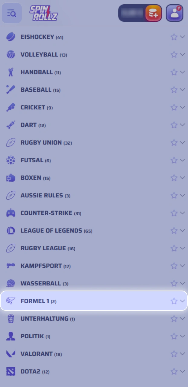 Navigiere zum Bereich Sportwetten und wähle Motorsport für deine Formel-1-Tipps bei Spinrollz.