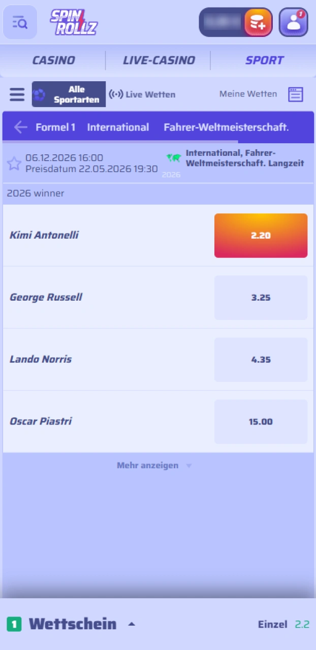 Klicke auf die gewünschte Quote, um deine Auswahl für die Formel 1 bei Spinrollz zu treffen.