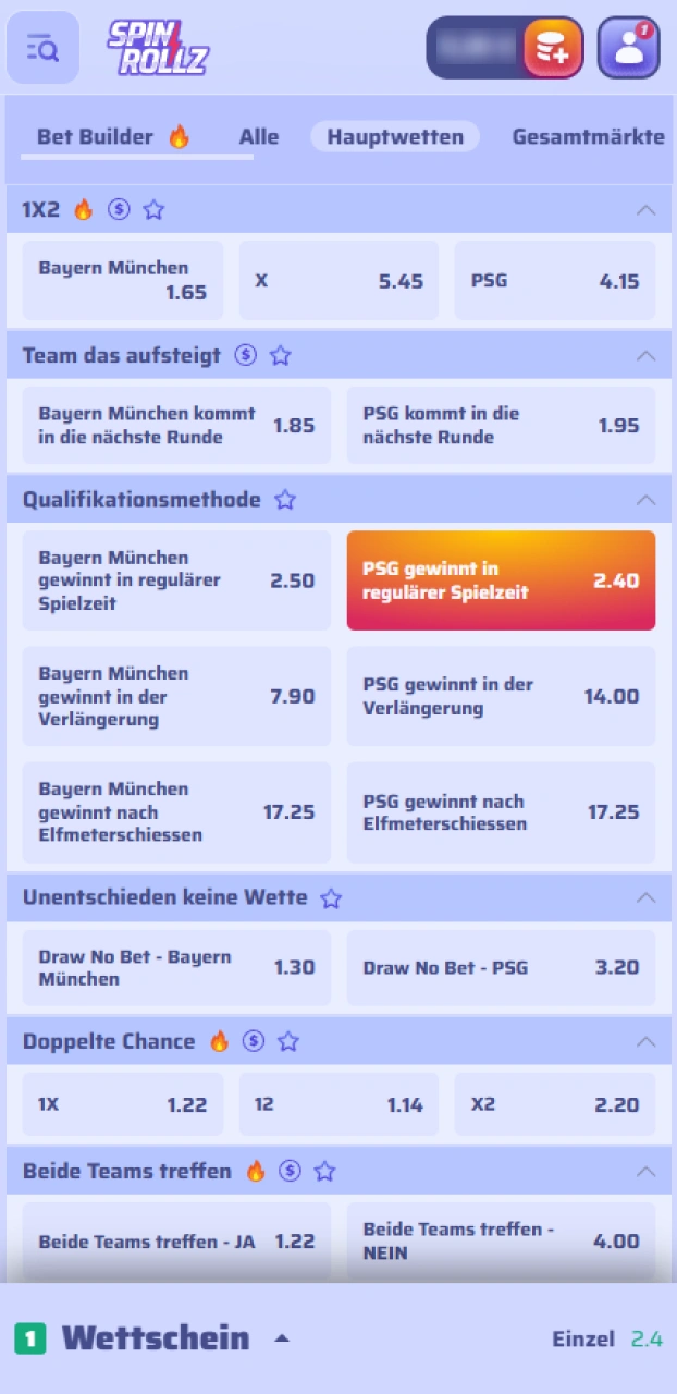 Lege deinen Einsatz fest und platziere deine Fußballwette bei Spinrollz.