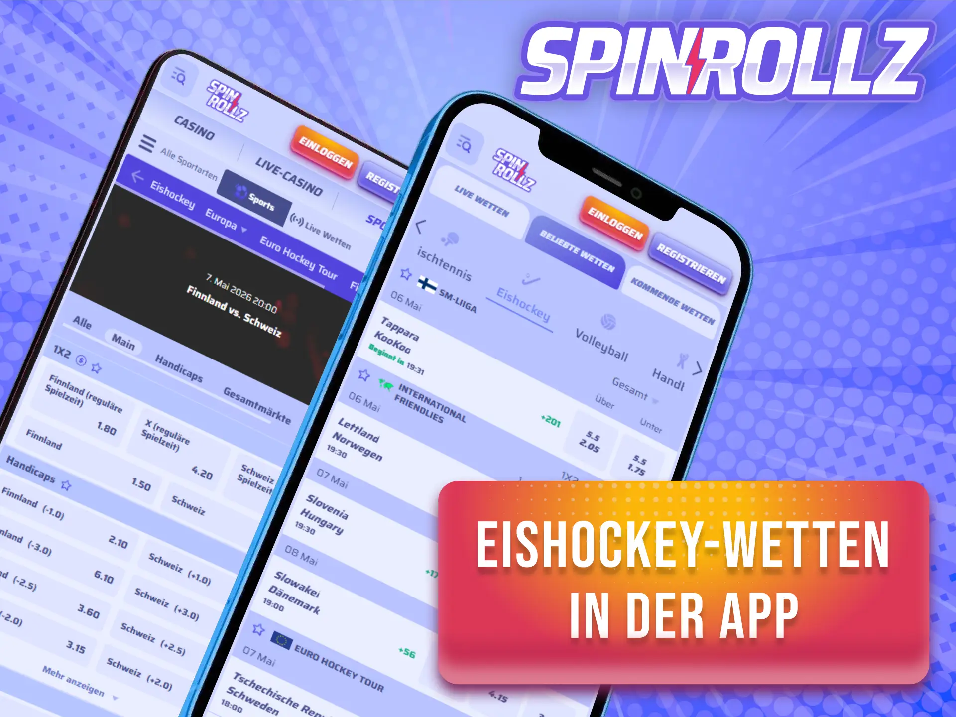 Installiere die Spinrollz App für deine mobilen Eishockey Wetten auf dem Smartphone.