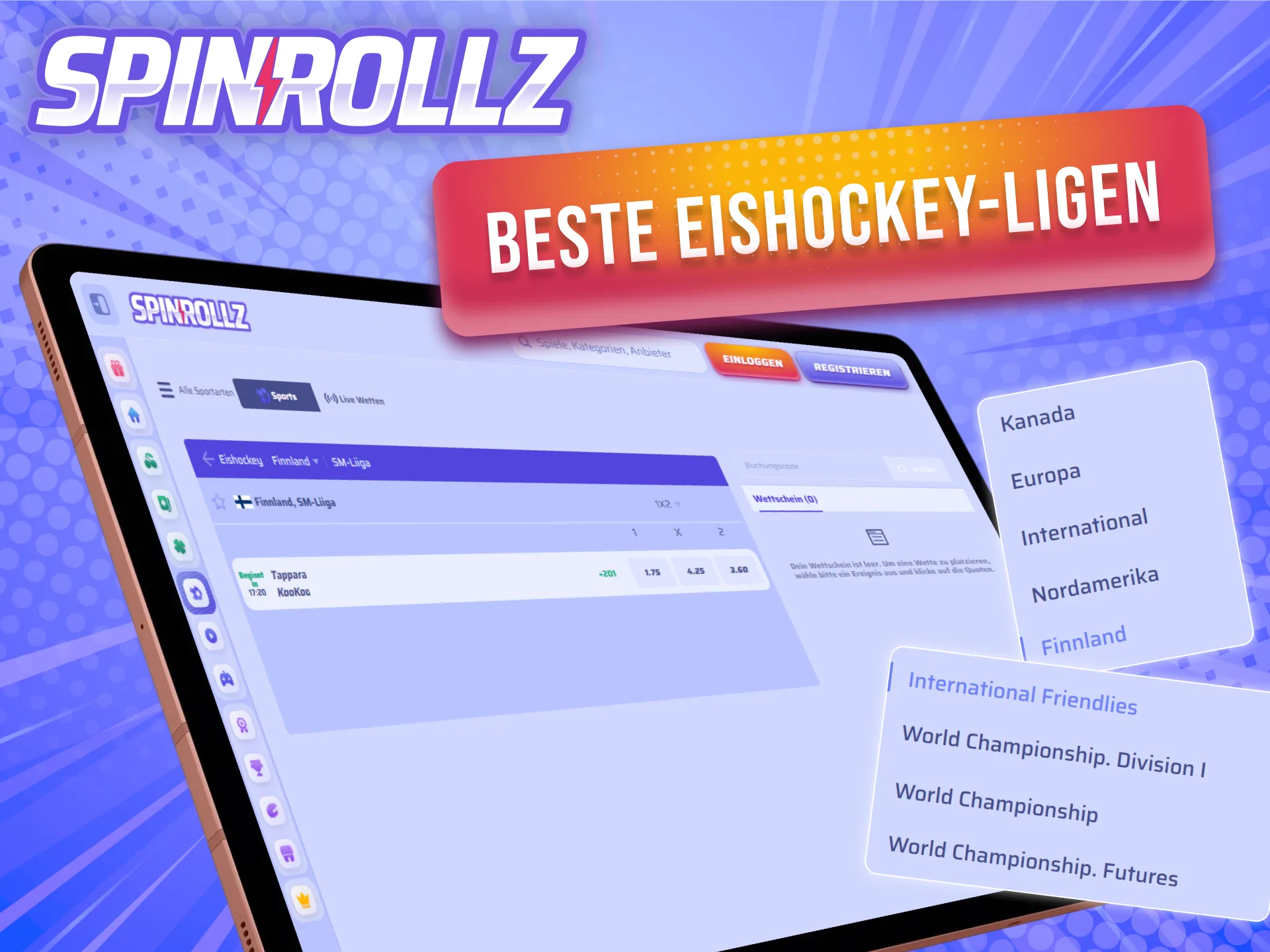 Setze auf die besten internationalen Ligen für Eishockey Wetten bei Spinrollz.