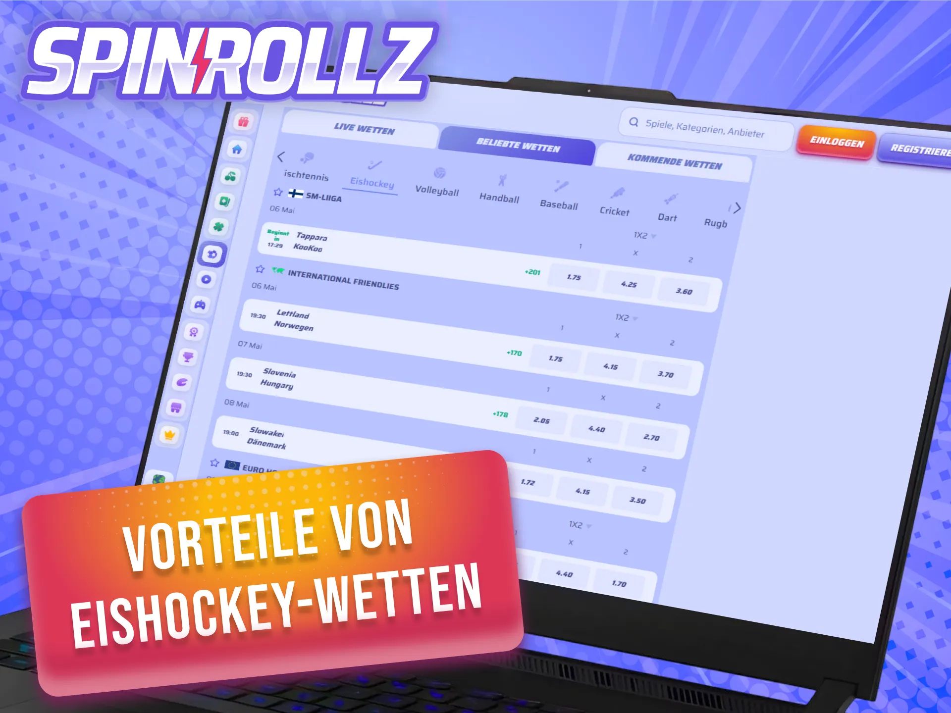Profitiere von der riesigen Auswahl an Wettmärkten für Eishockey Wetten bei Spinrollz.