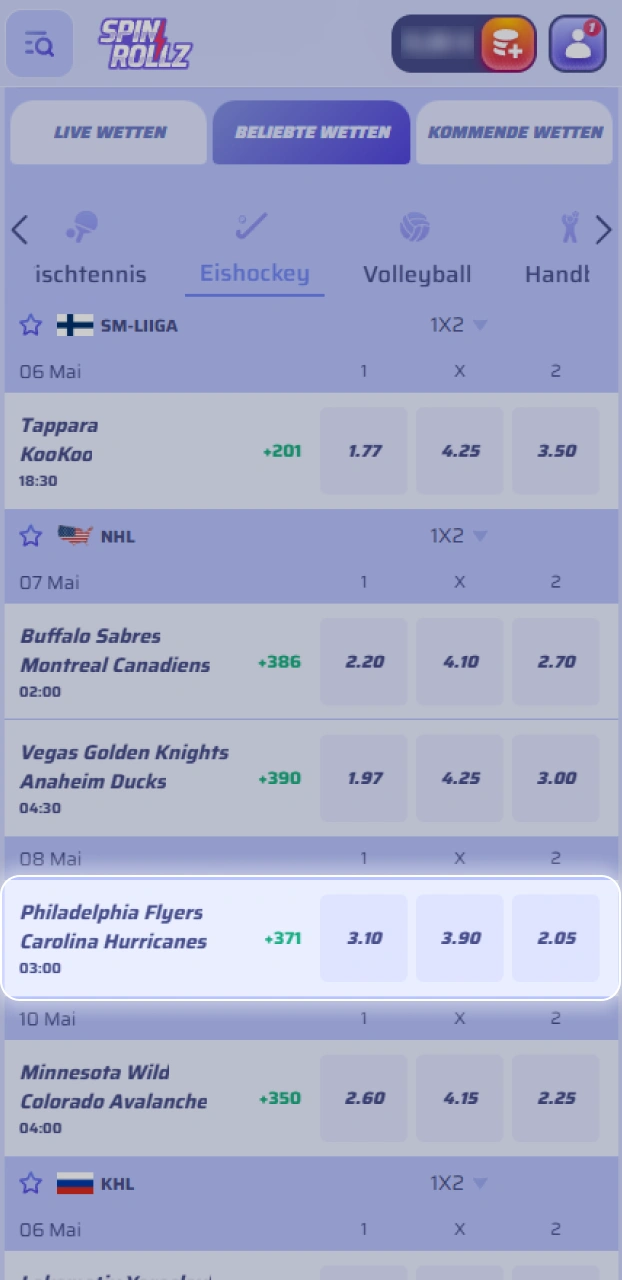 Suche gezielt nach Eishockey in der Sportartenliste auf der Spinrollz Plattform.