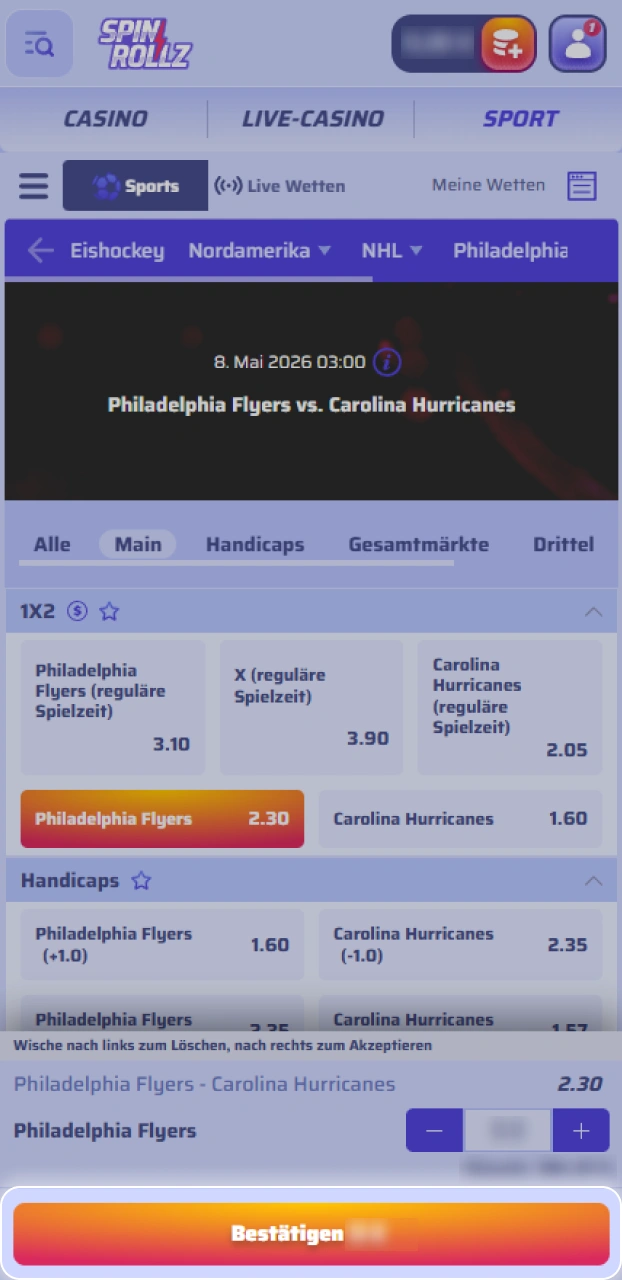 Schließe den Vorgang ab und reiche deine Eishockey-Wette bei Spinrollz ein.