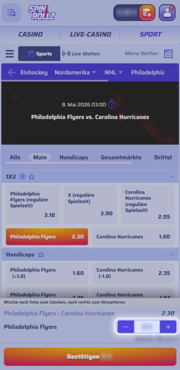 Trage den gewünschten Betrag für deine Eishockey-Wette in das entsprechende Feld bei Spinrollz ein.