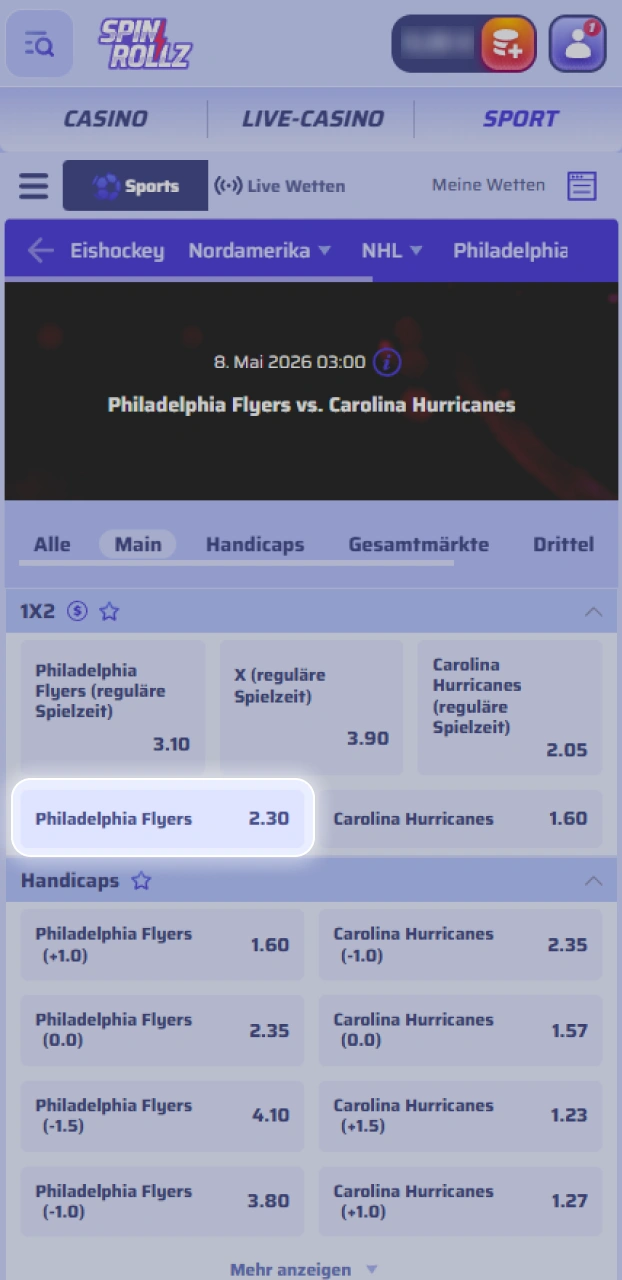 Entscheide dich für einen Wettmarkt und die passende Quote für dein Eishockey-Match bei Spinrollz.
