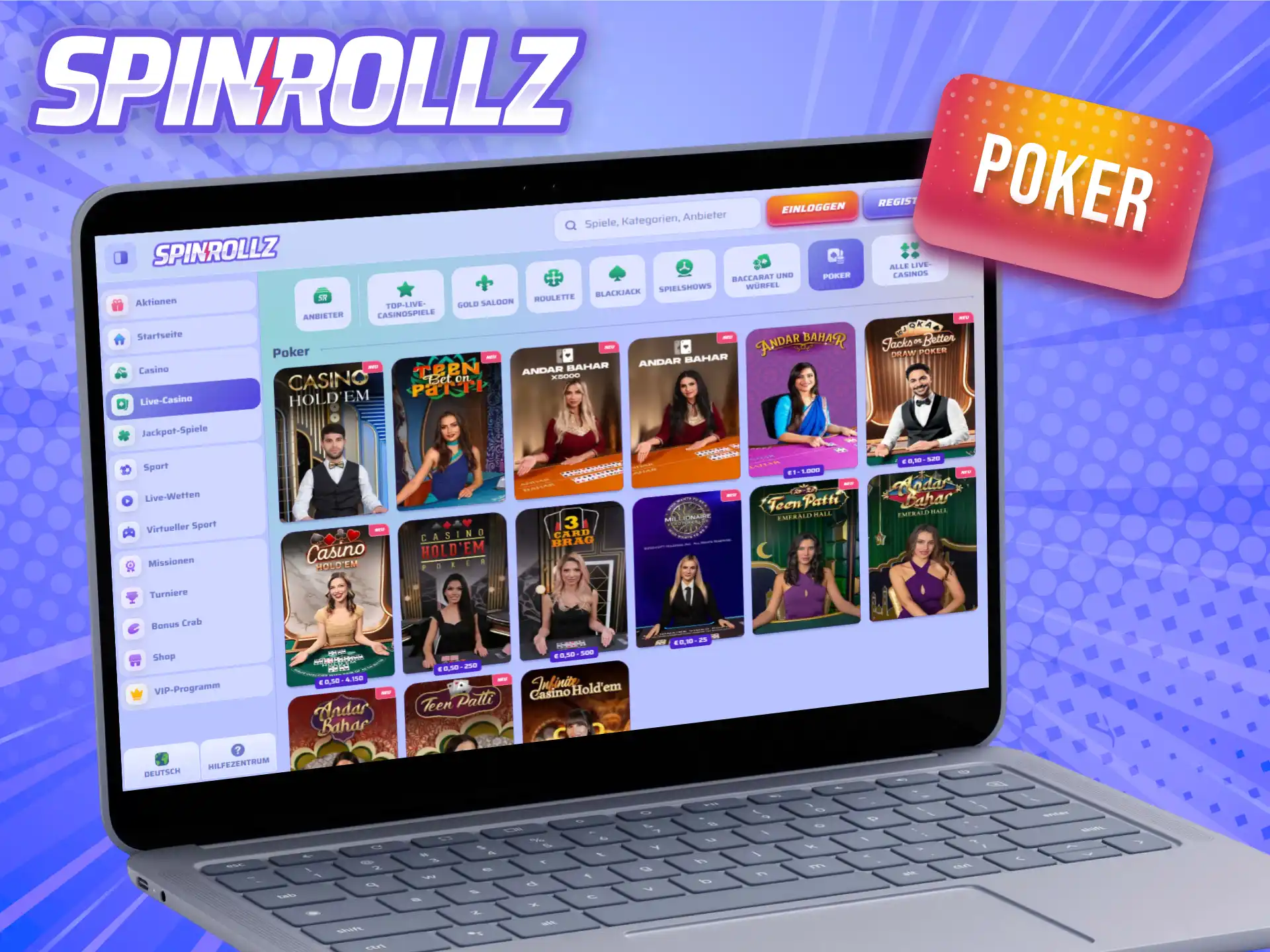 Zeige dein bestes Blatt an den Pokertischen im Live-Casino von Spinrollz.
