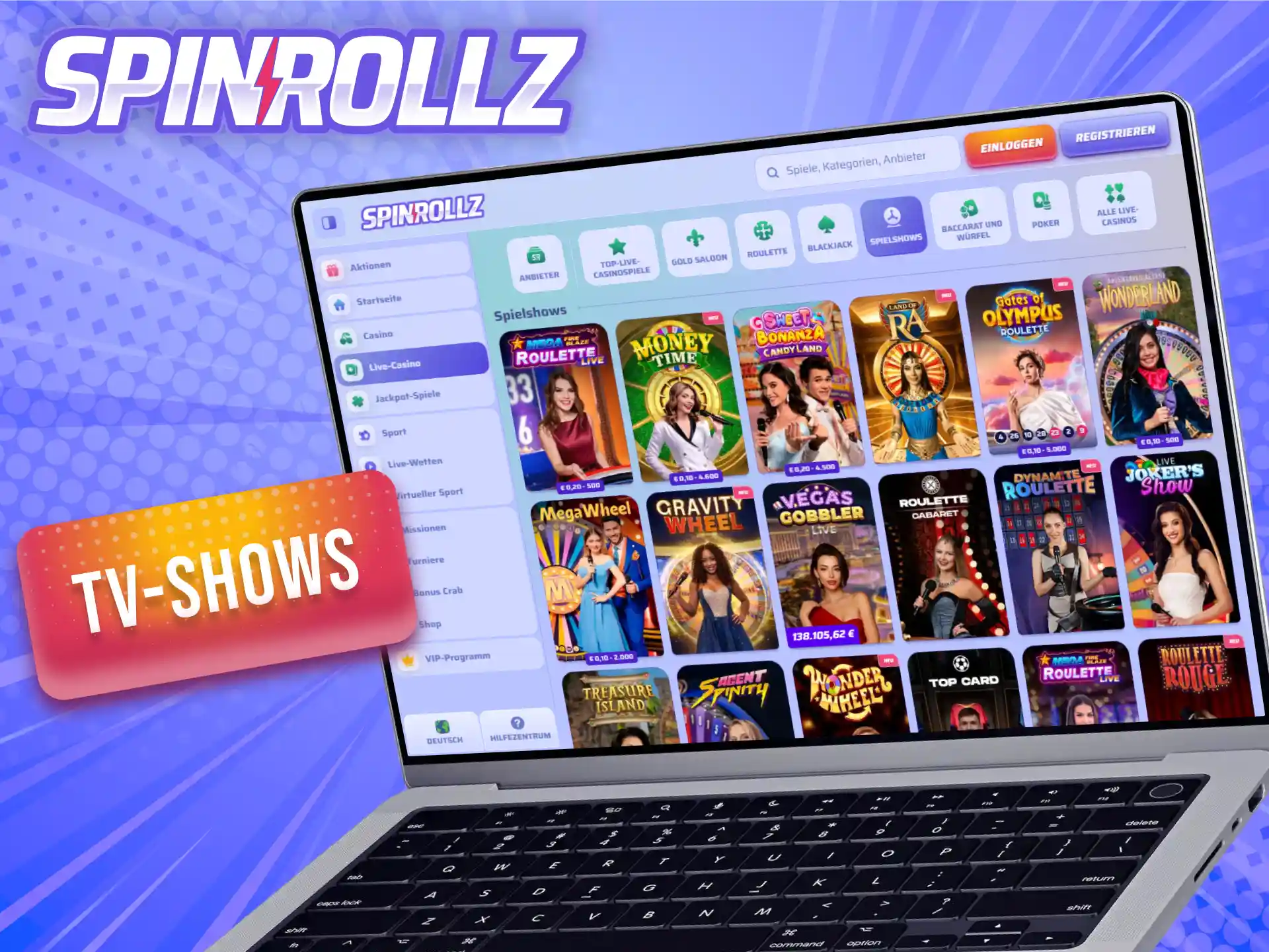 Lass dich von den interaktiven TV-Shows im Live-Casino bei Spinrollz gut unterhalten.