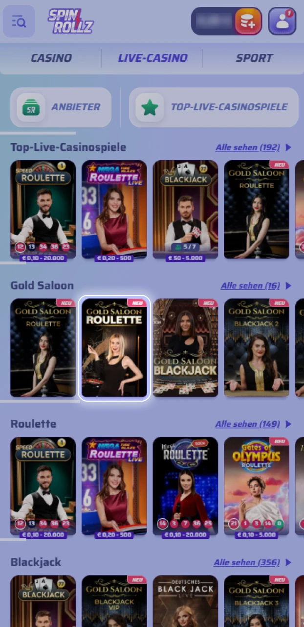 Suche dir deinen bevorzugten Spieltisch im Live-Casino von Spinrollz aus.