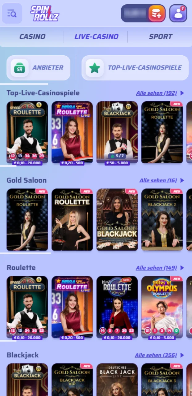 Öffne den echten Tischspiel-Bereich und entdecke das Angebot im Live-Casino bei Spinrollz.