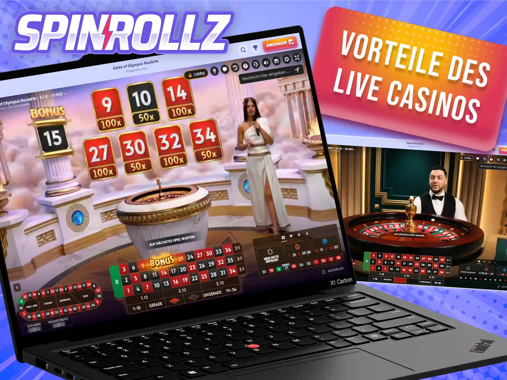 Nutze alle Vorteile und genieße das echte Spielgefühl im Live-Casino von Spinrollz.