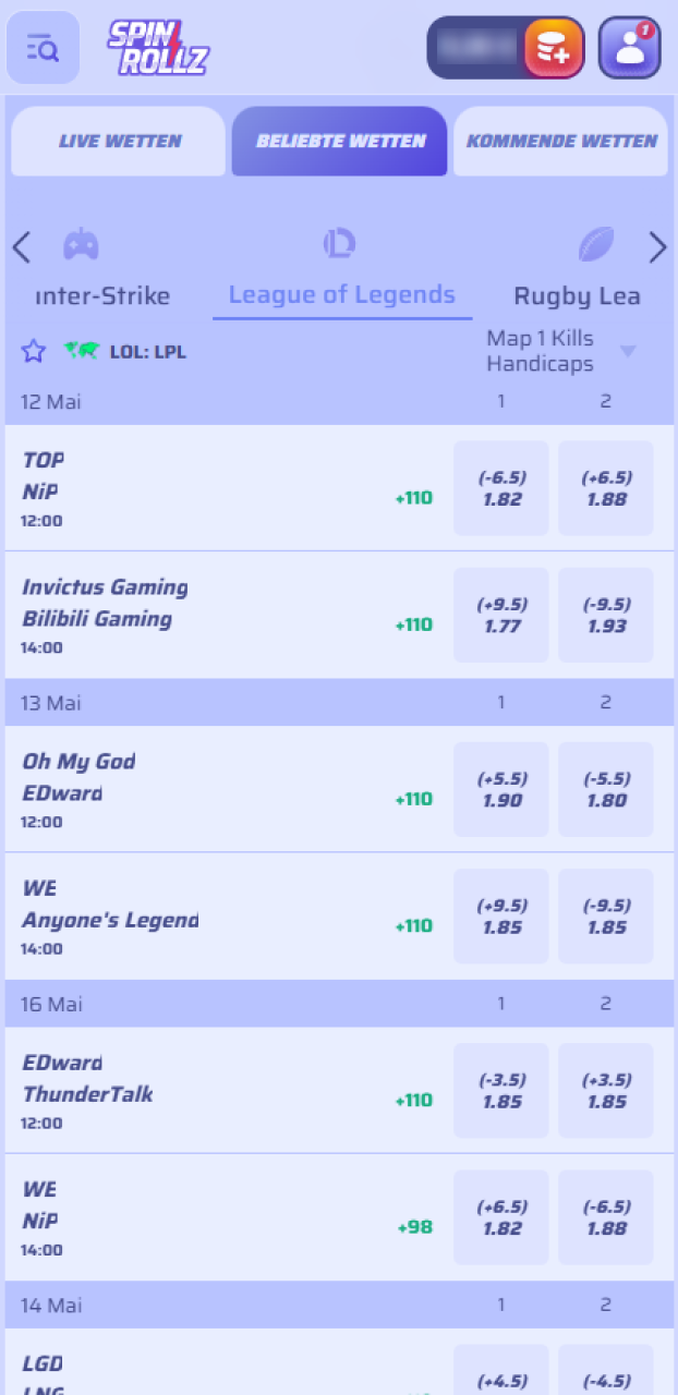 Suche dir ein Match sowie die passende Wettoption für League of Legends bei Spinrollz aus.