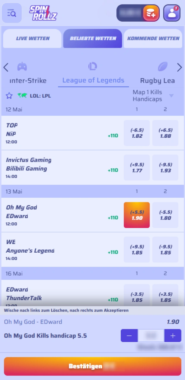 Wähle deinen Einsatz und gib deine League of Legends-Wette im Wettschein bei Spinrollz ab.