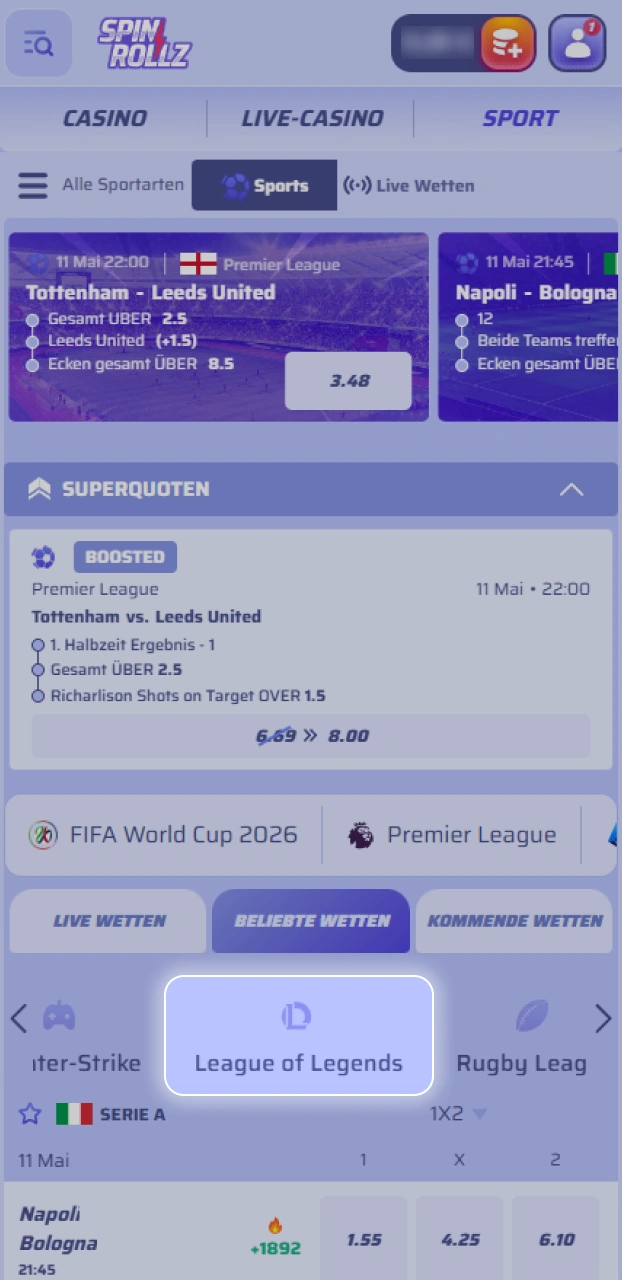Navigiere in den eSports-Sektor von Spinrollz, um alle League of Legends-Events aufzurufen.