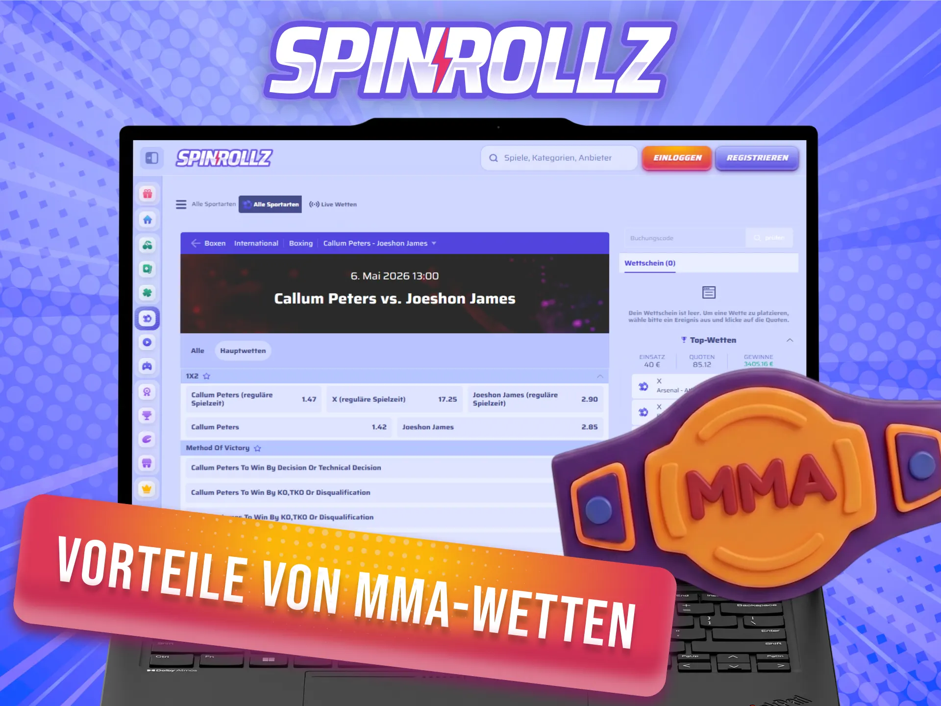 Profitiere bei Spinrollz von Top-Quoten und vielen weiteren Vorteilen für MMA-Wetten.