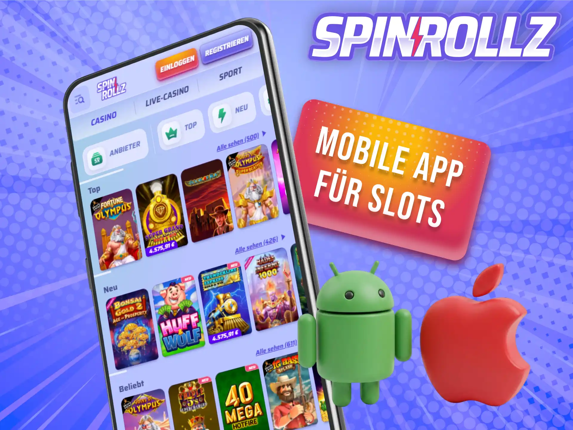 Nutze die mobile App auf deinem Smartphone für flexiblen Zugriff auf alle Spinrollz Slots.
