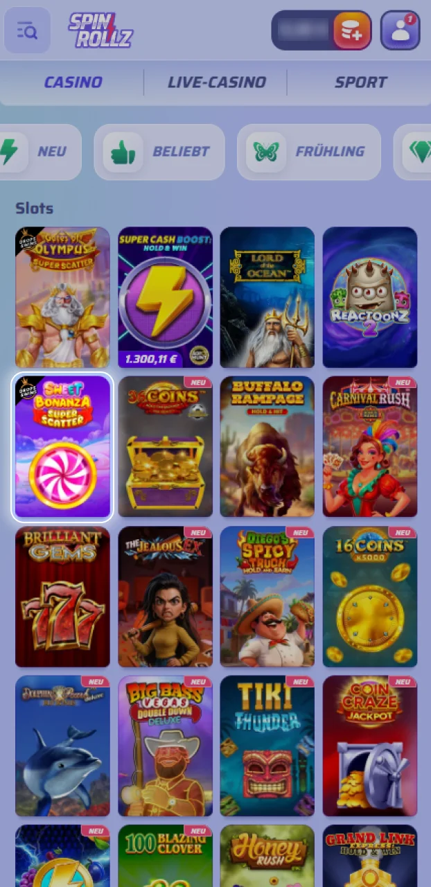 Wähle dein bevorzugtes Spiel aus der riesigen Auswahl an Spinrollz Slots aus.