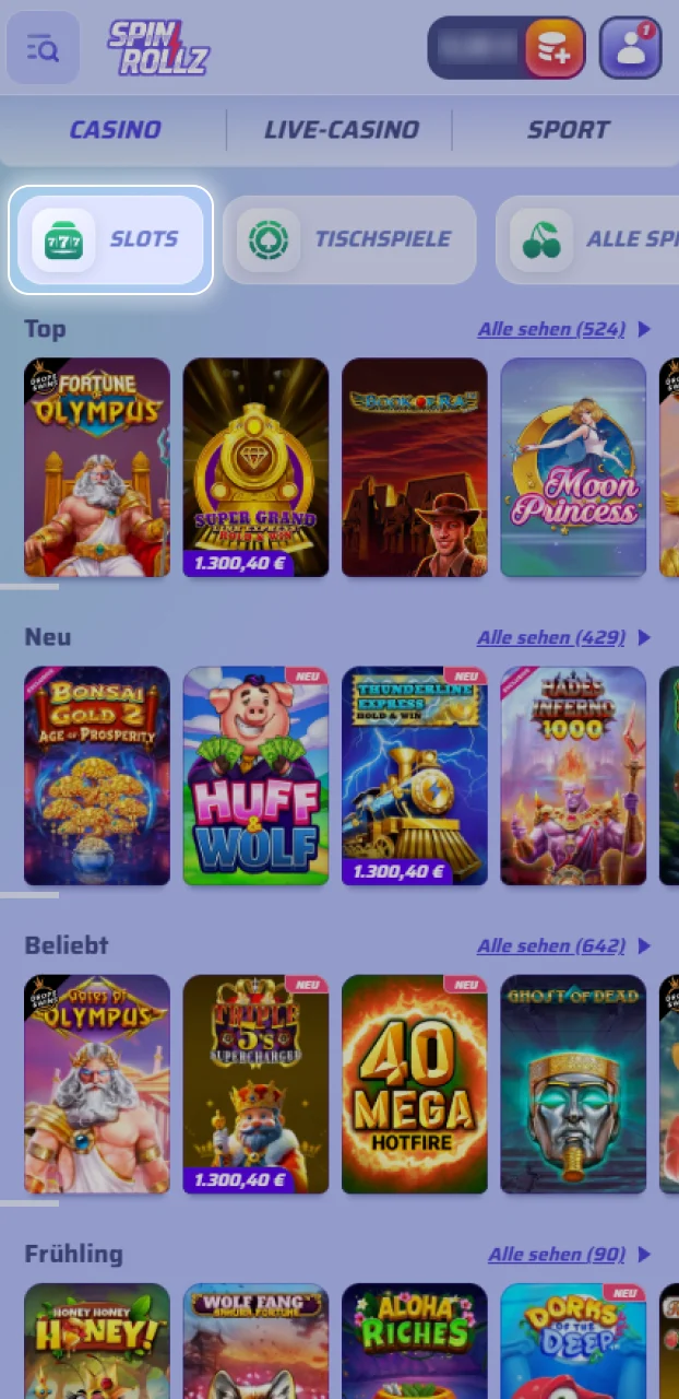 Öffne die Spiele-Lobby und durchstöbere das gesamte Angebot an Spinrollz Slots.