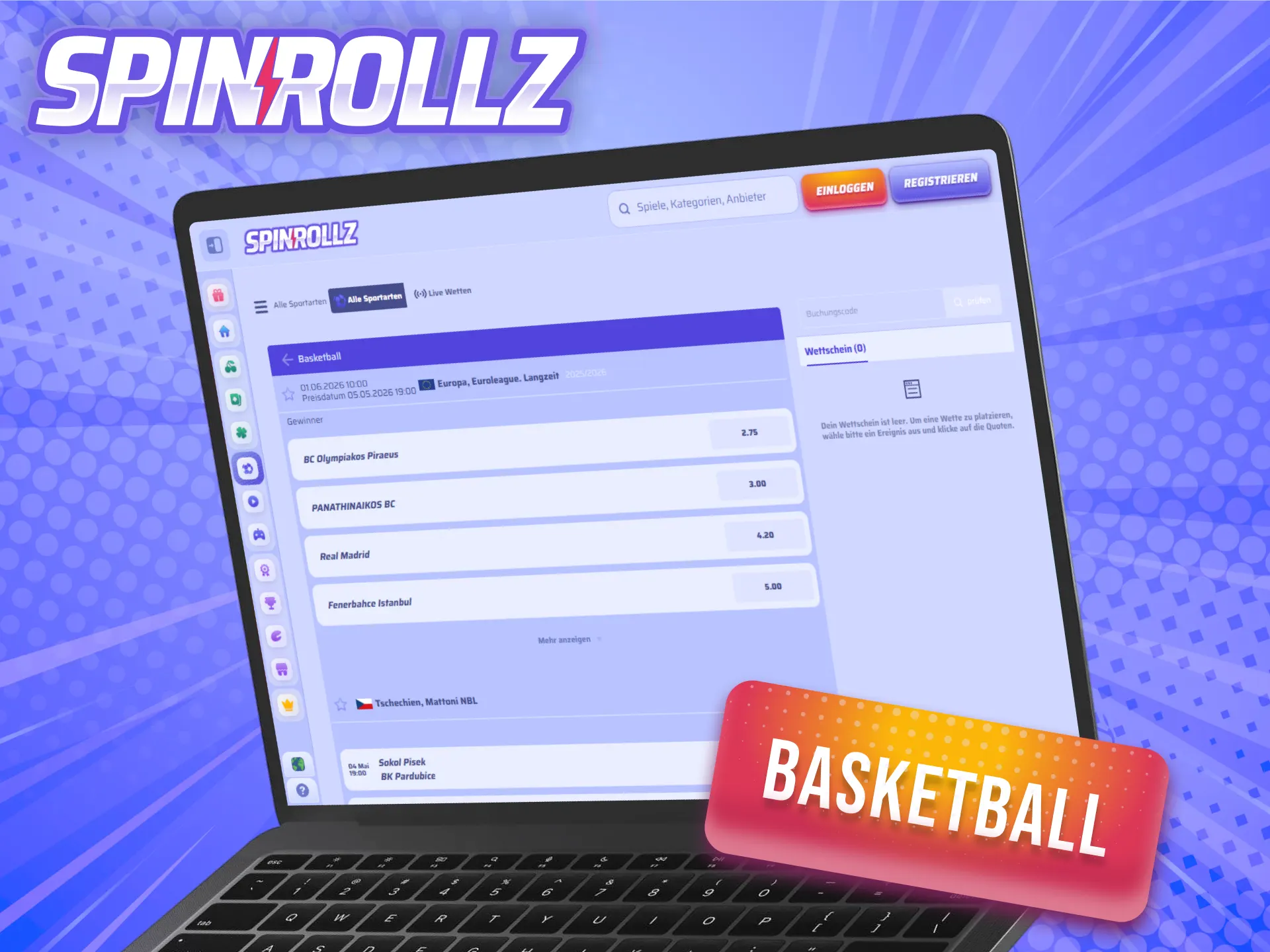 Platziere Tipps auf Basketball und gewinne mit Spinrollz Sportwetten Deutschland.