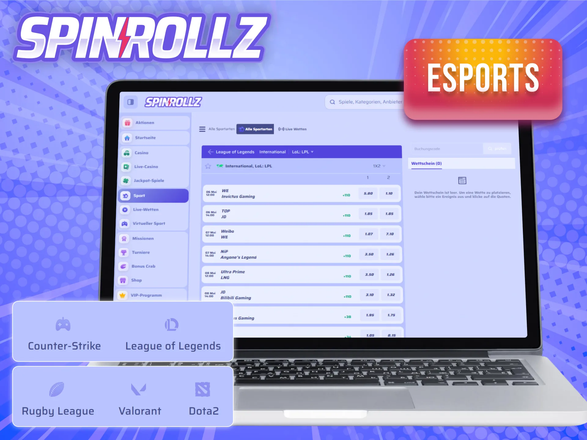 Entdecke die Welt der eSports-Wetten und gewinne bei Spinrollz.