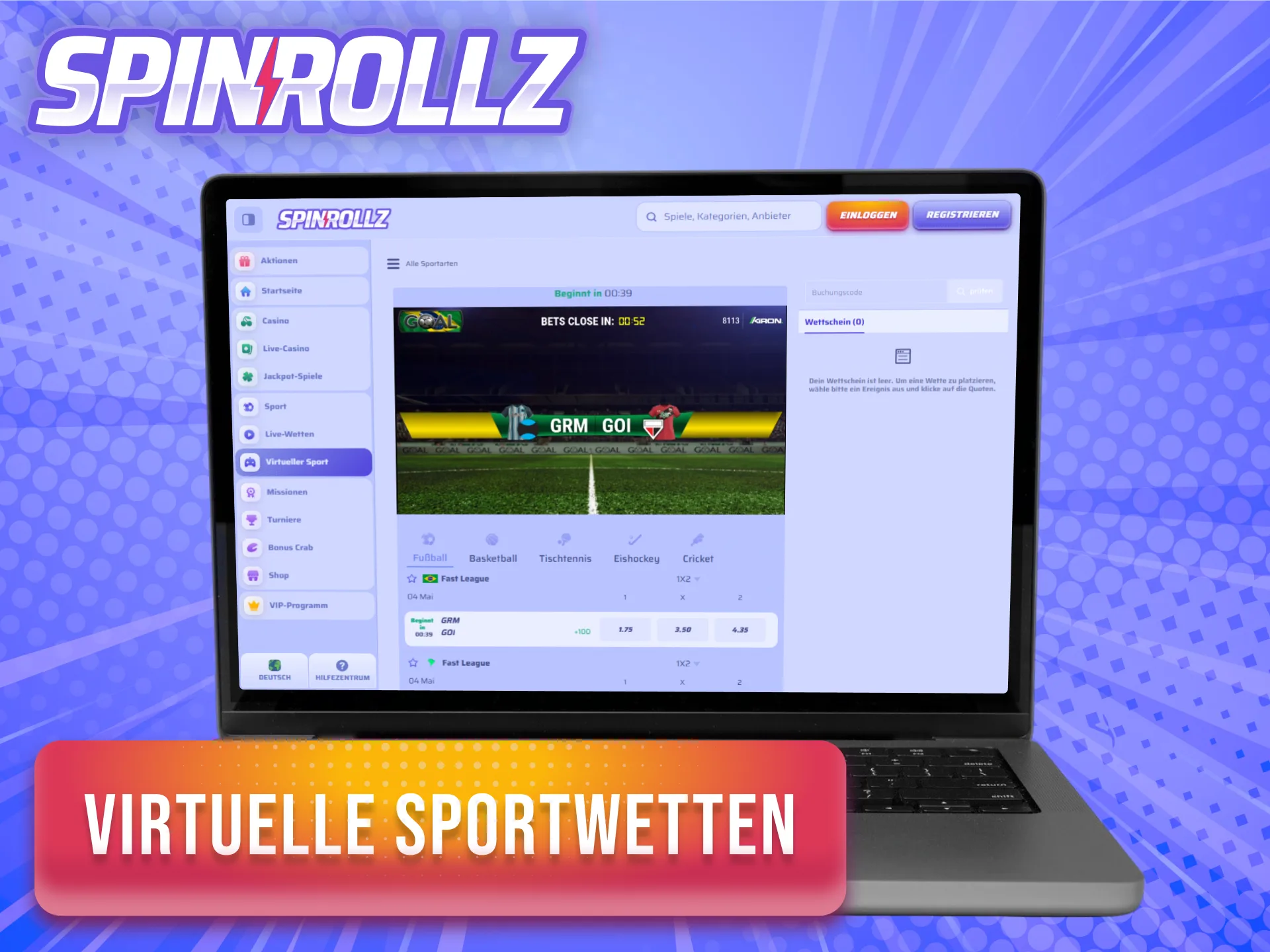 Setze auf digitale Simulationen bei den virtuellen Sportwetten von Spinrollz.