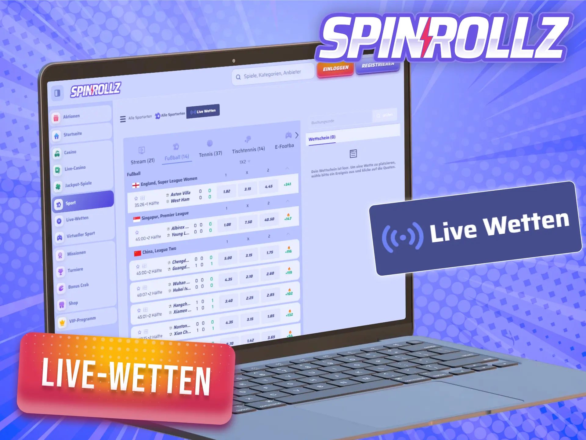 Wette in Echtzeit auf aktuelle Spiele mit den Live-Wetten bei Spinrollz.