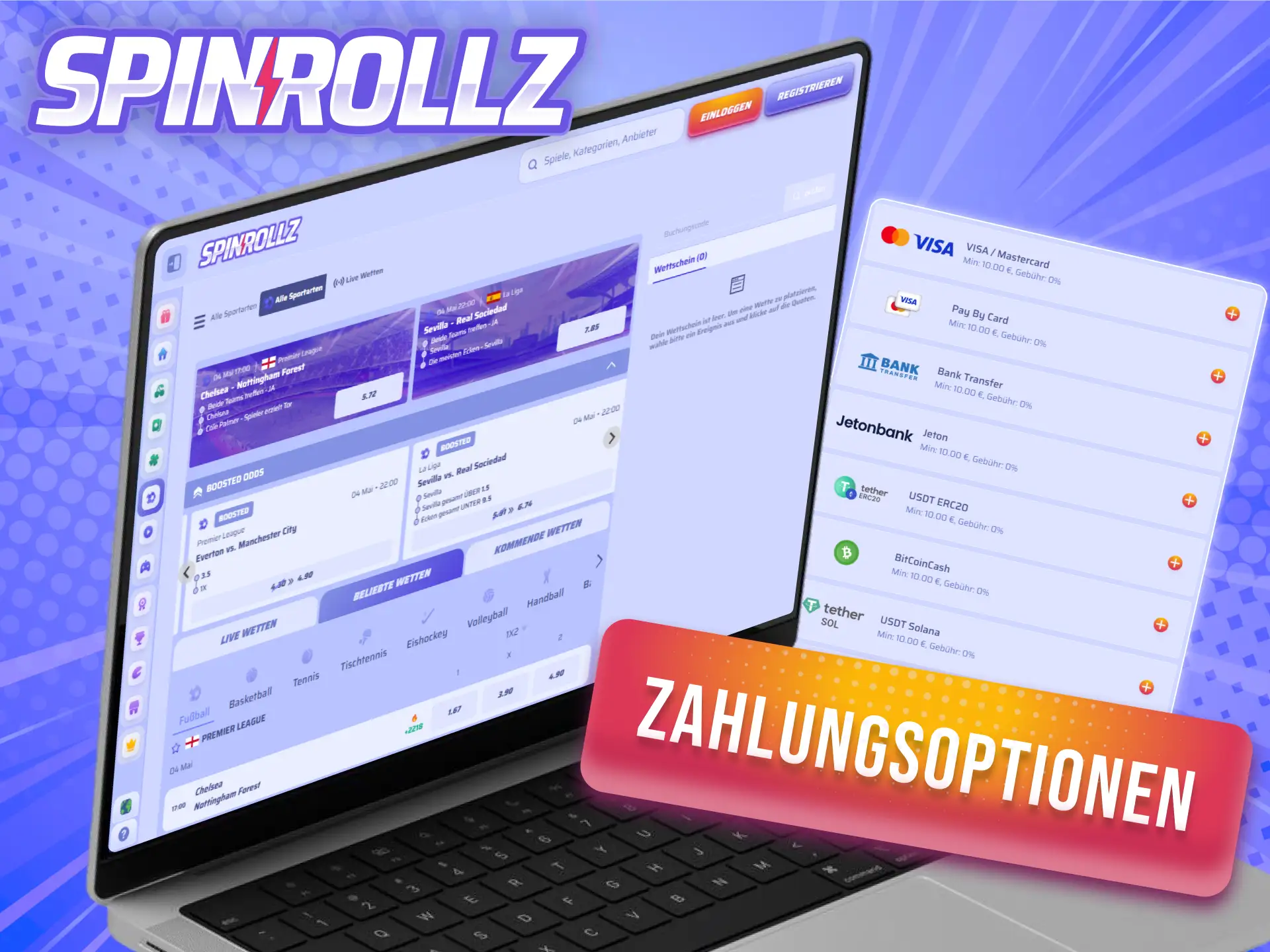 Nutze bequeme Zahlungsoptionen für deine Sportwetten Transaktionen bei Spinrollz.