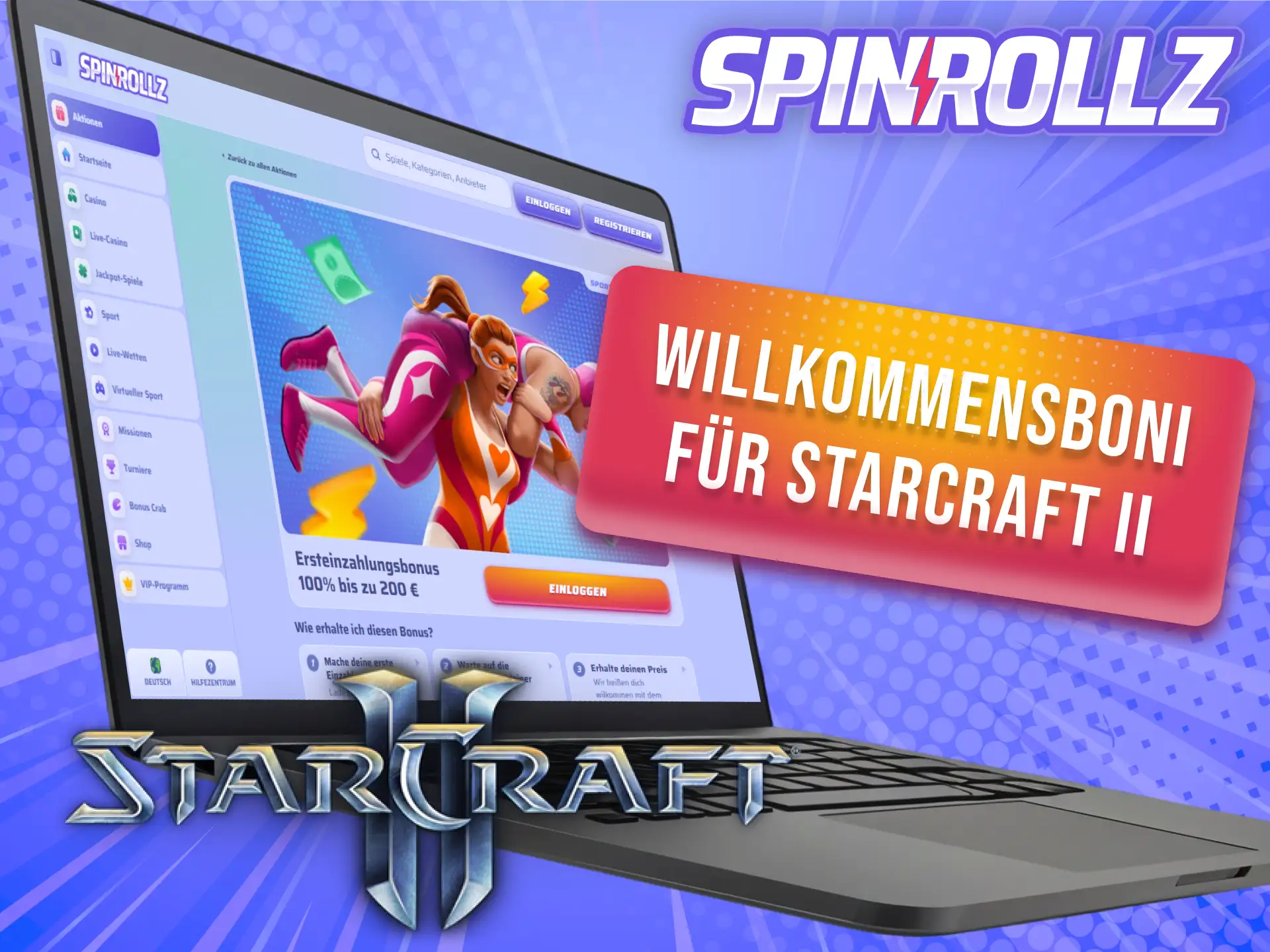 Aktiviere den Neukundenbonus bei Spinrollz für deine StarCraft 2 Wetten.