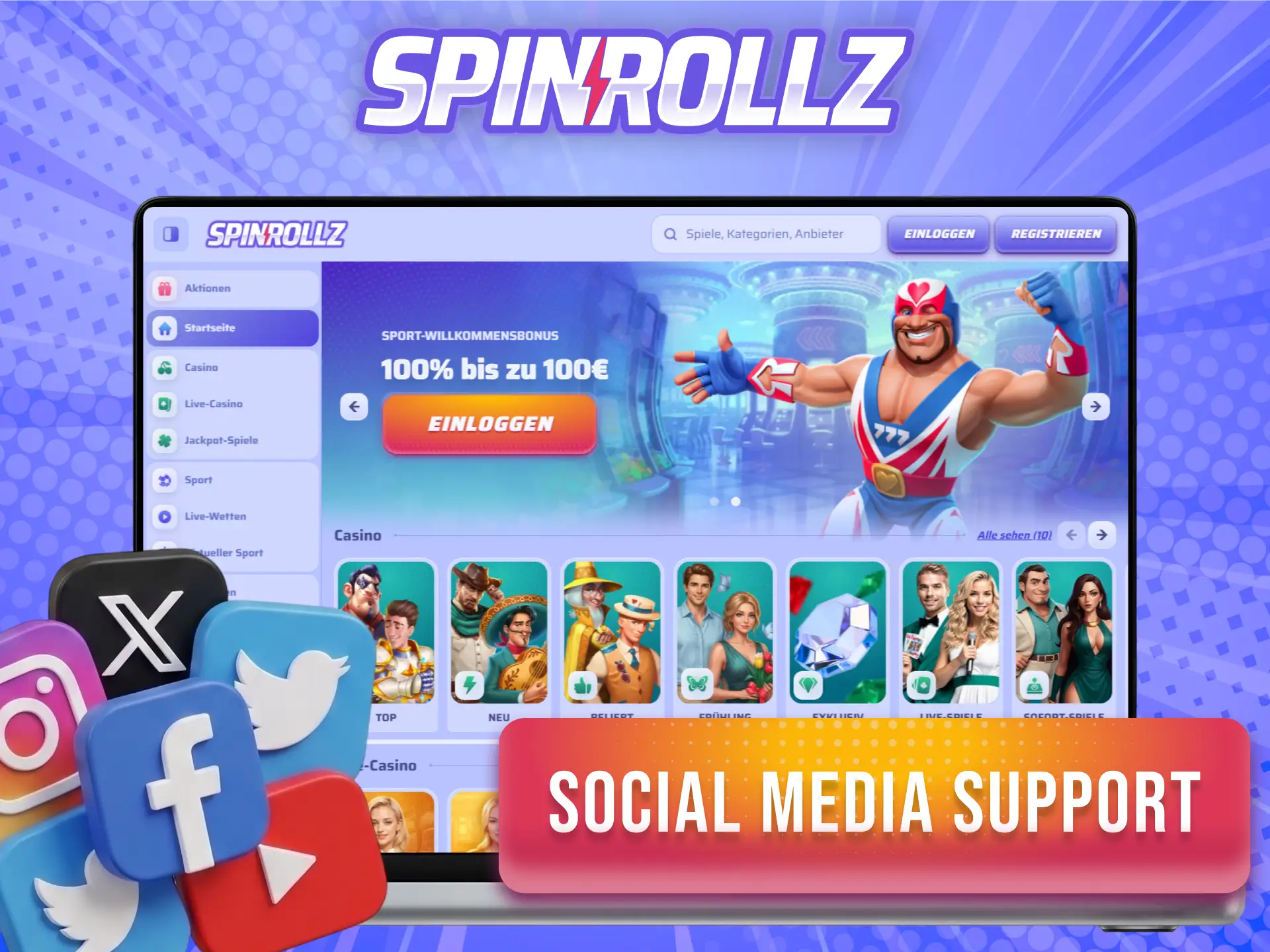 Erreiche den Support von Spinrollz bequem über Social Media und Messenger.