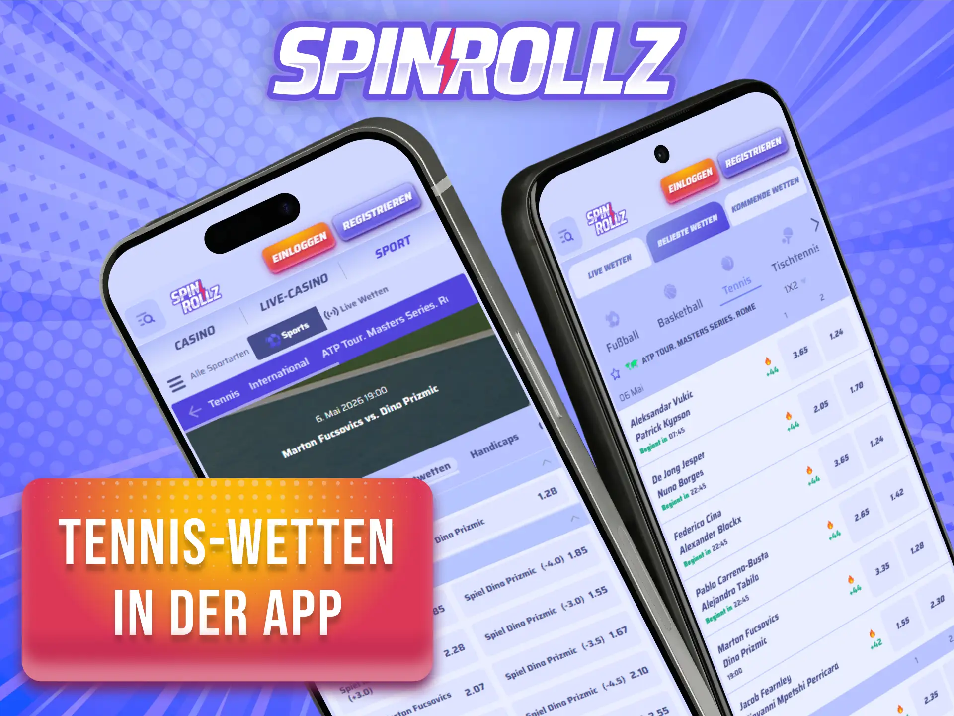 Nutze die Spinrollz App auf Android oder iOS für deine Tennis-Wetten von unterwegs.
