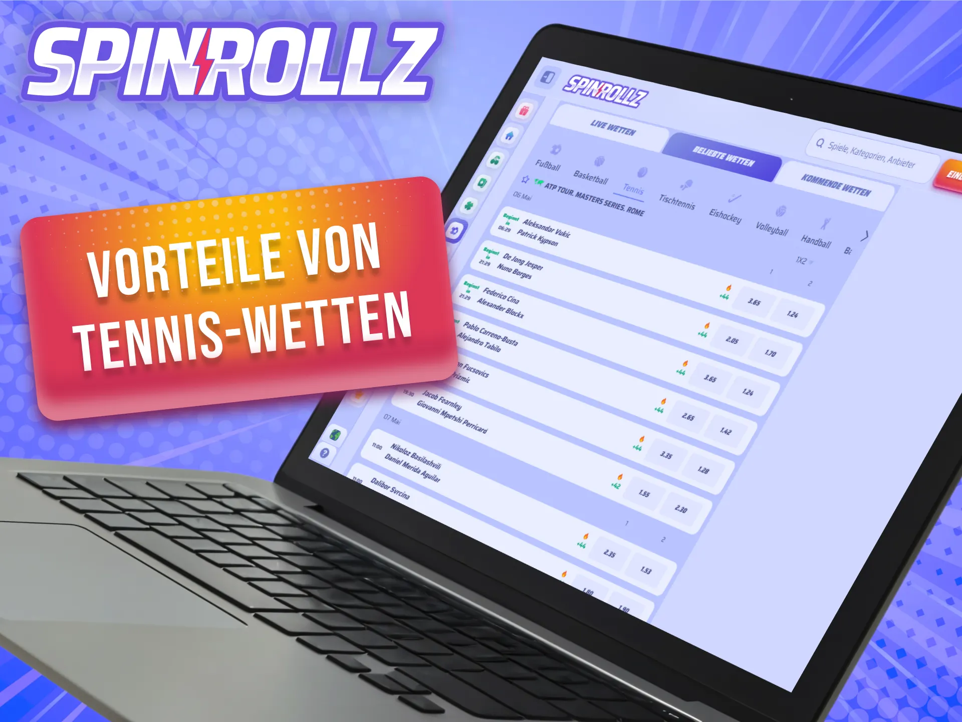 Profitiere bei Tennis-Wetten von attraktiven Quoten und schnellen Auszahlungen bei Spinrollz.