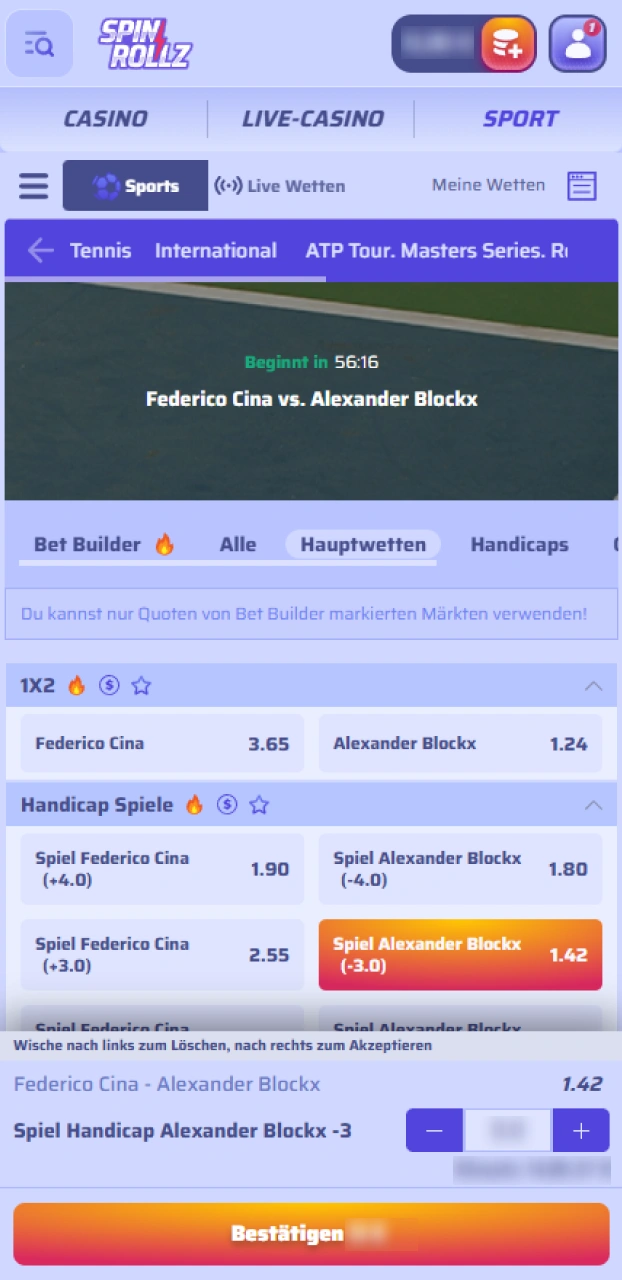 Gib deinen Einsatz ein und bestätige deine Tennis-Wette im Spinrollz Wettschein.